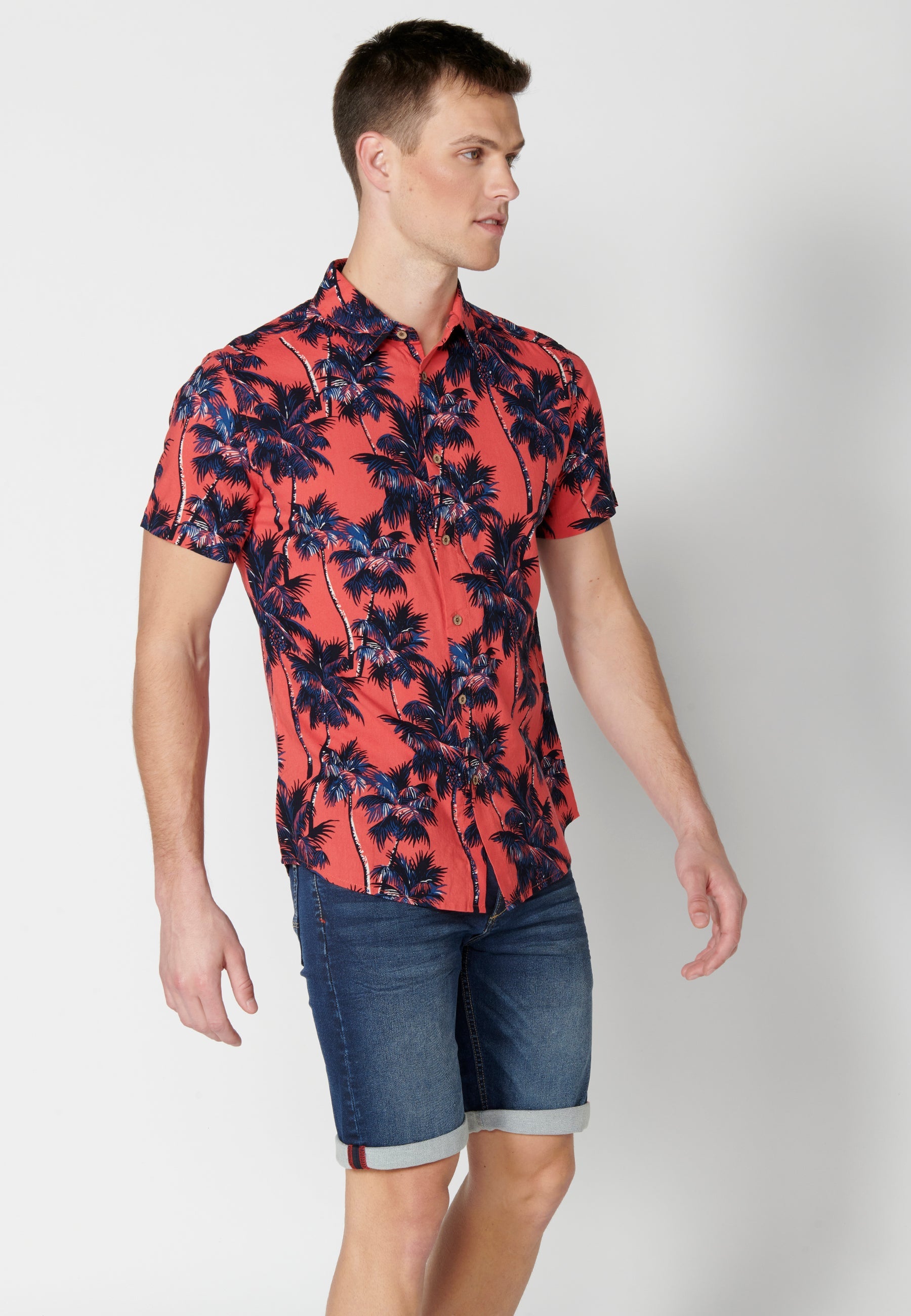 Camisa Hombre Manga Corta Estampado Palmeras Algodón Viscosa – Koroshi 2311CC39