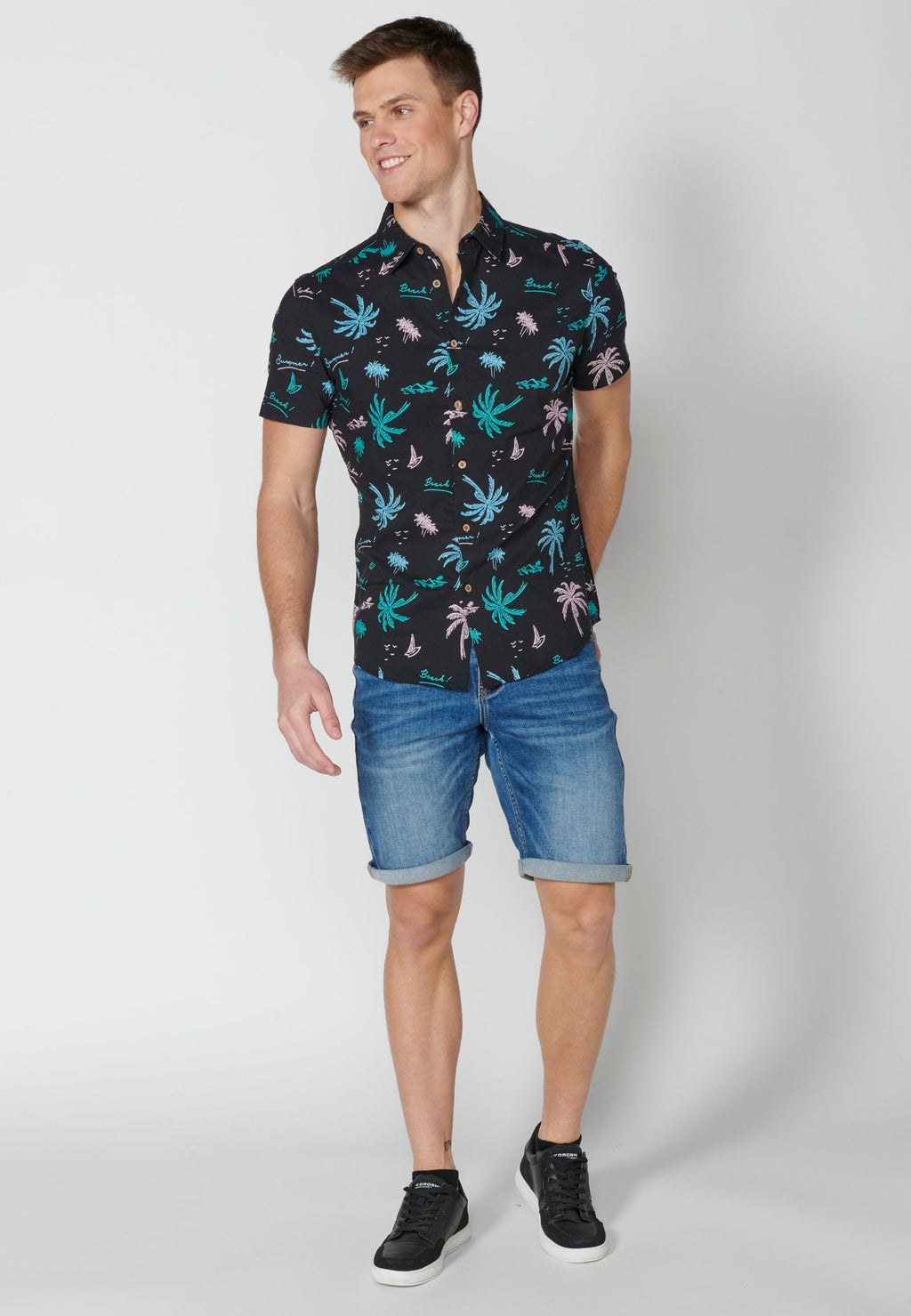 Camisa Hombre Manga Corta Estampado Palmeras Algodón Viscosa – Koroshi 2311CC39