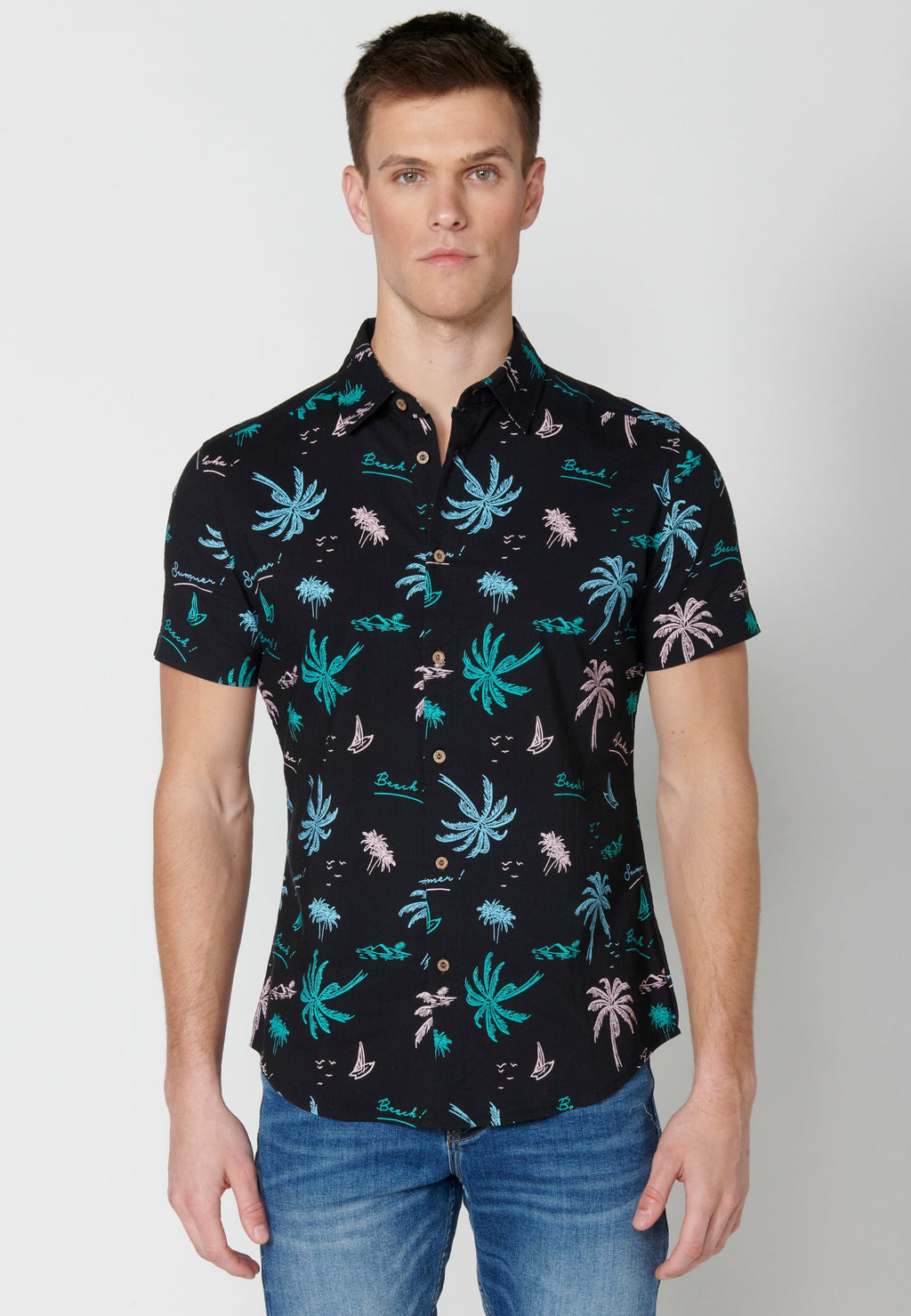 Camisa Hombre Manga Corta Estampado Palmeras Algodón Viscosa – Koroshi 2311CC39
