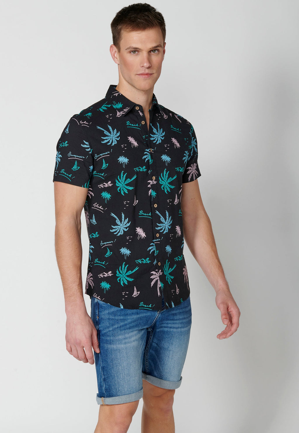 Camisa Hombre Manga Corta Estampado Palmeras Algodón Viscosa – Koroshi 2311CC39