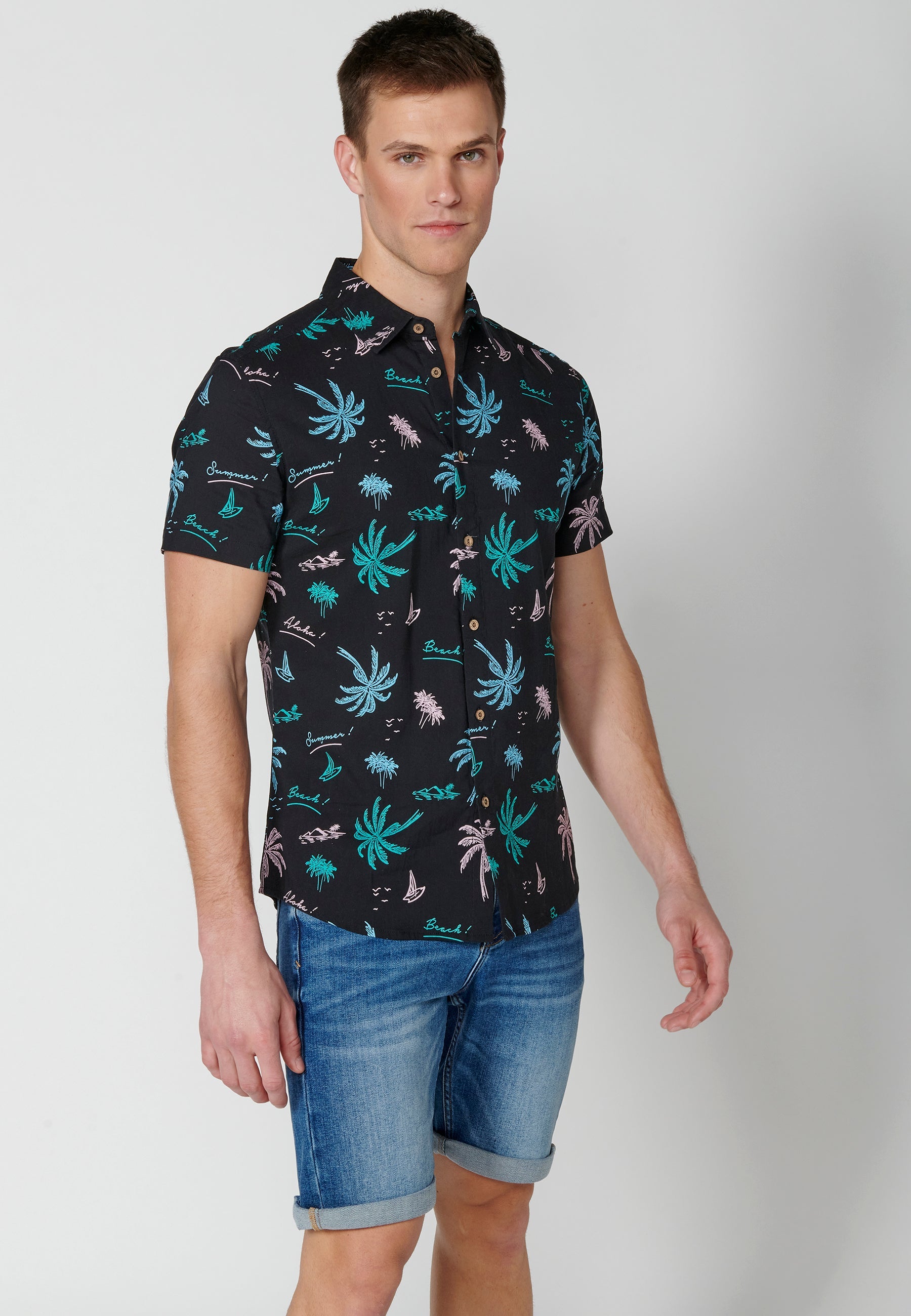 Camisa Hombre Manga Corta Estampado Palmeras Algodón Viscosa – Koroshi 2311CC39