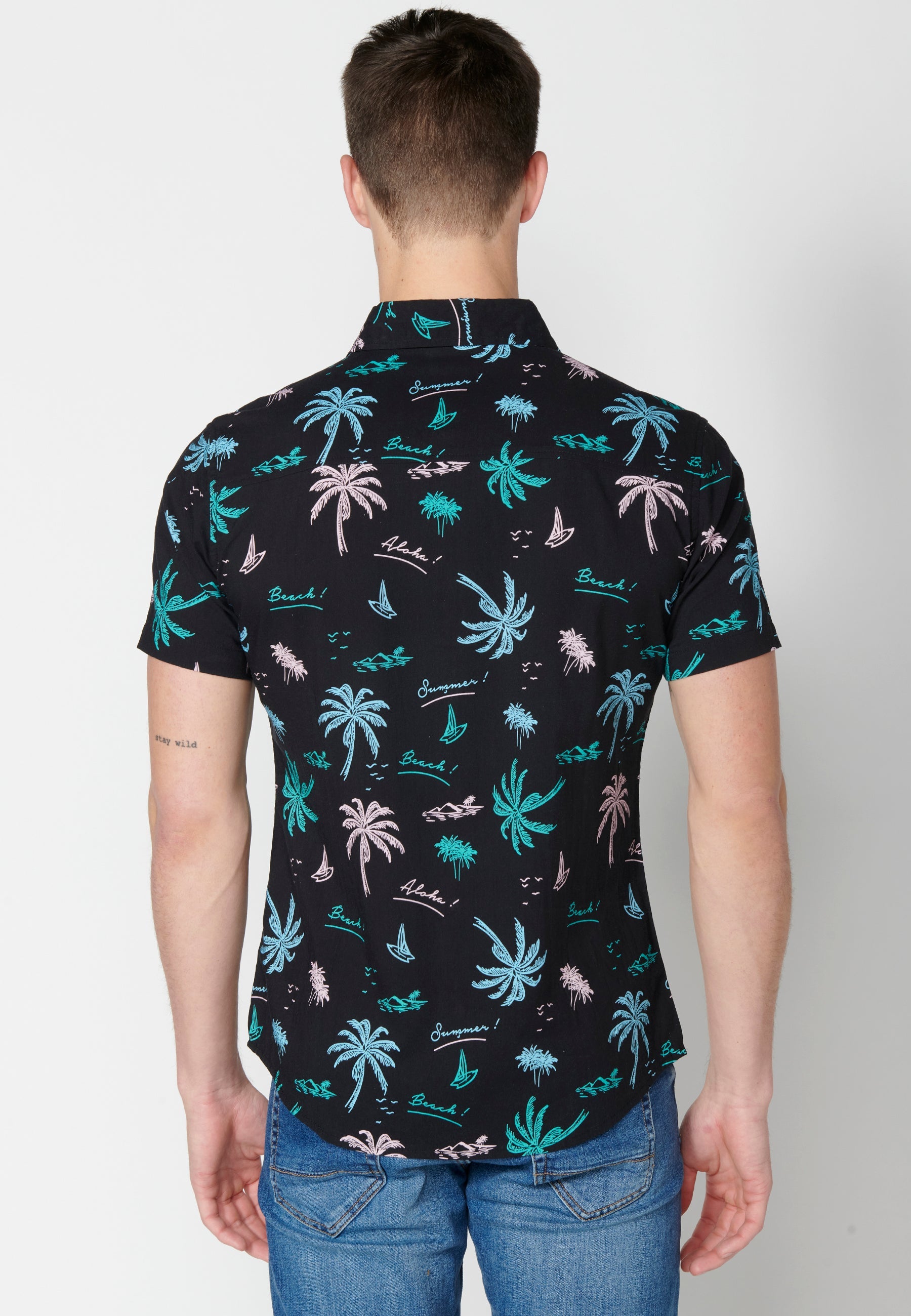 Camisa Hombre Manga Corta Estampado Palmeras Algodón Viscosa – Koroshi 2311CC39