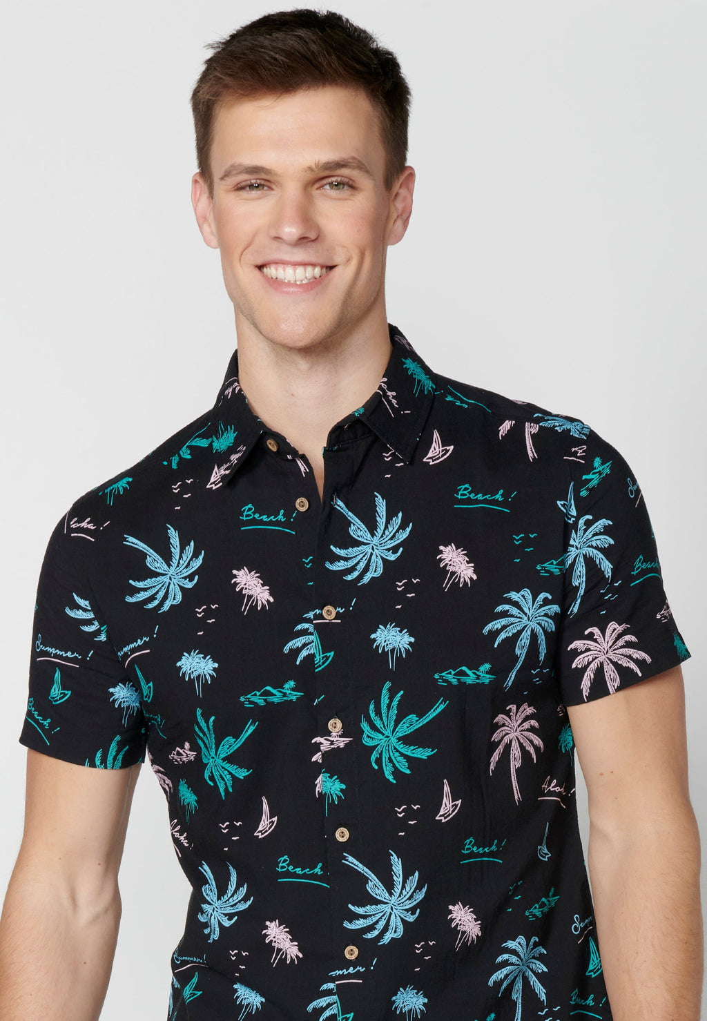 Camisa Hombre Manga Corta Estampado Palmeras Algodón Viscosa – Koroshi 2311CC39