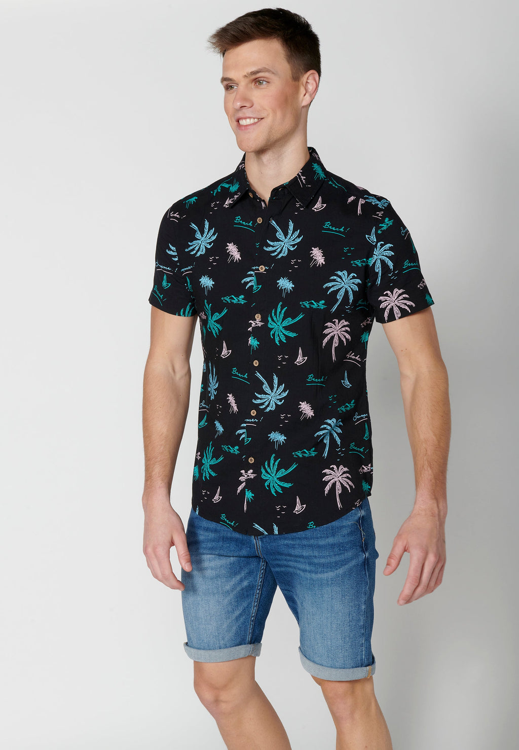 Camisa Hombre Manga Corta Estampado Palmeras Algodón Viscosa – Koroshi 2311CC39
