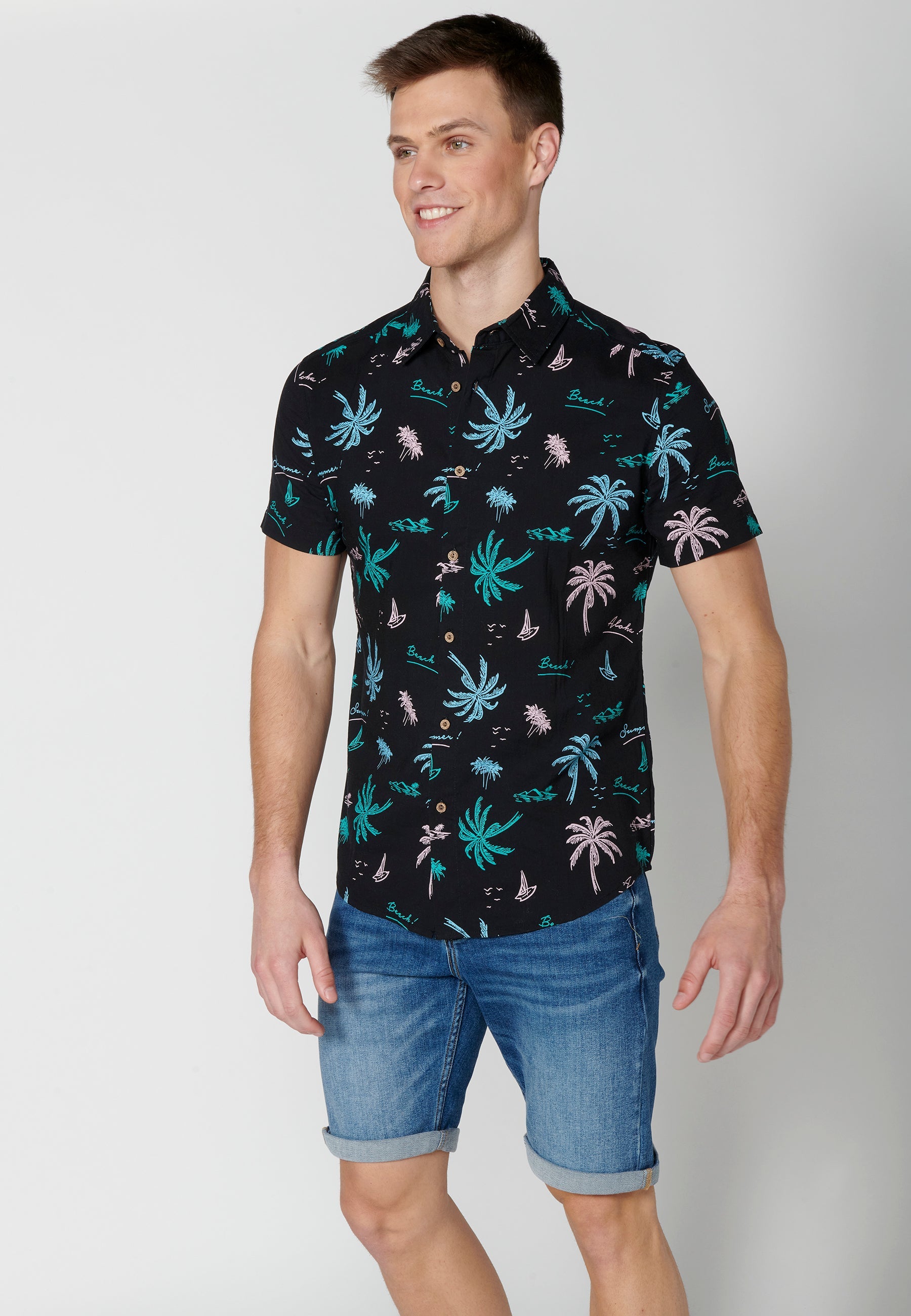 Camisa Hombre Manga Corta Estampado Palmeras Algodón Viscosa – Koroshi 2311CC39