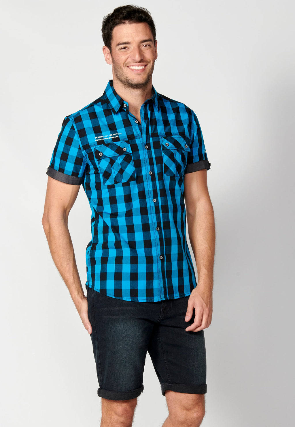 Camisa Hombre Manga Corta Cuadros Algodón Bolsillos Solapa – Koroshi 2311CC56