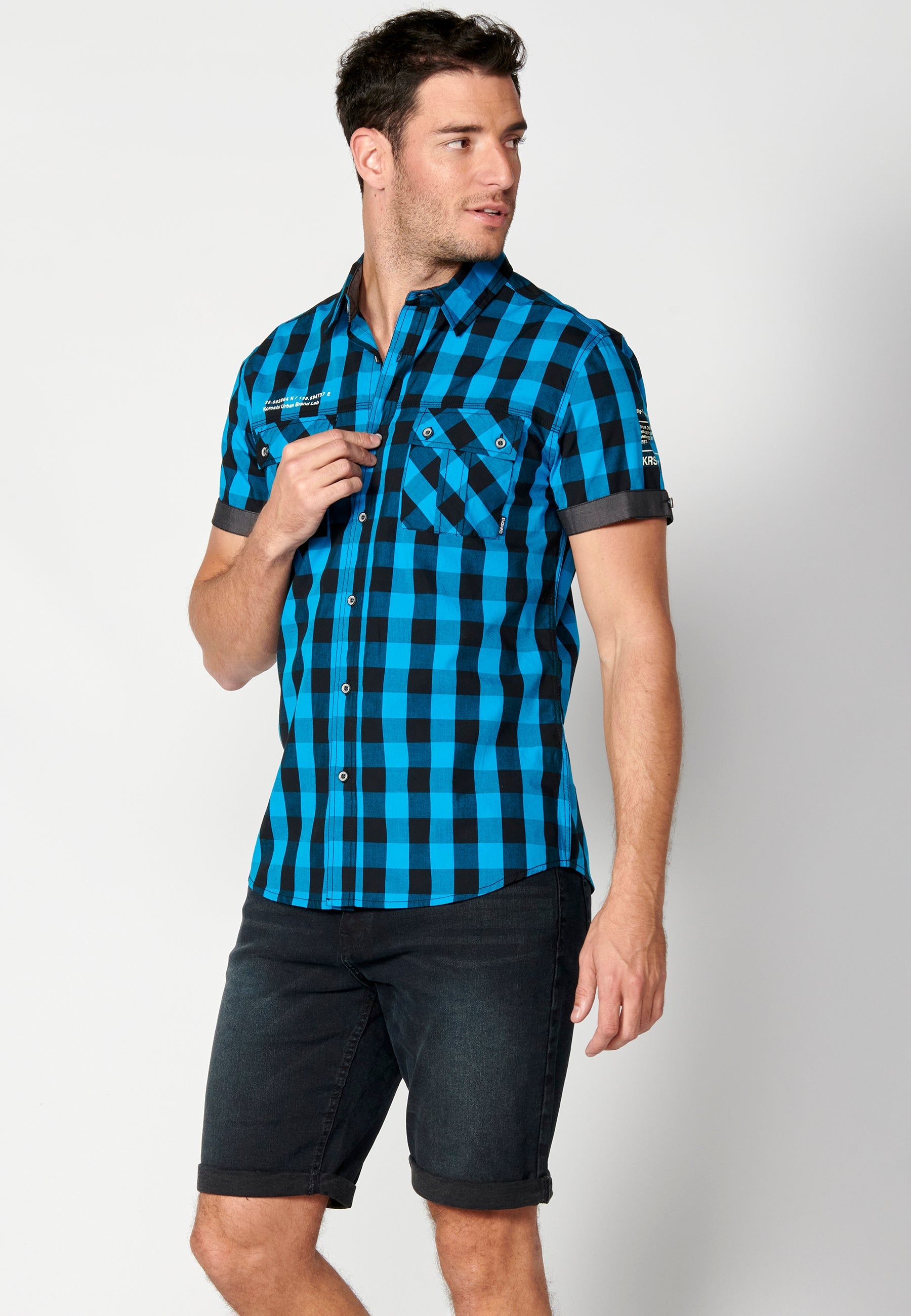 Camisa Hombre Manga Corta Cuadros Algodón Bolsillos Solapa – Koroshi 2311CC56