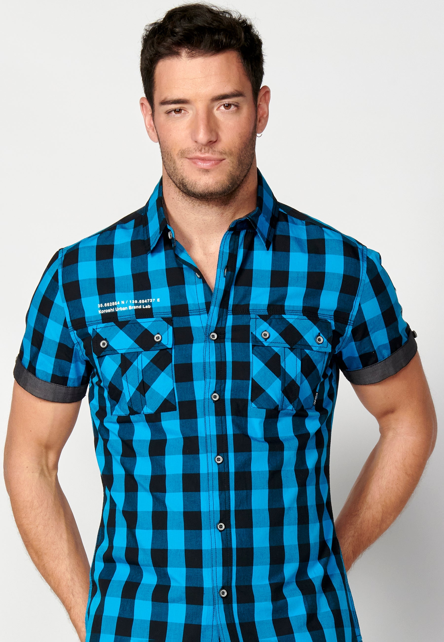 Camisa Hombre Manga Corta Cuadros Algodón Bolsillos Solapa – Koroshi 2311CC56