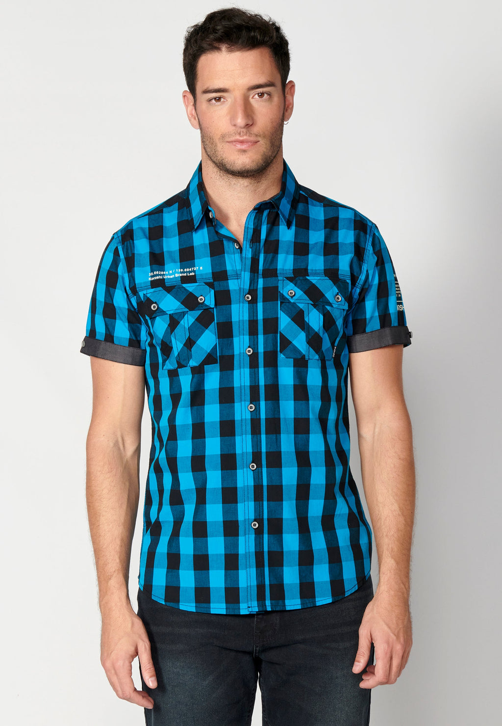 Camisa Hombre Manga Corta Cuadros Algodón Bolsillos Solapa – Koroshi 2311CC56