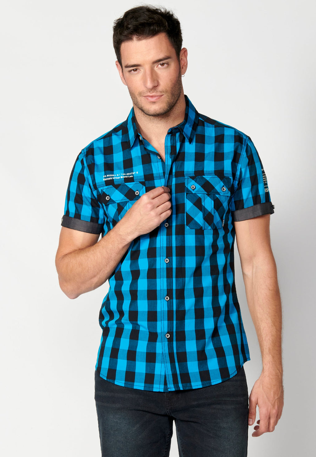 Camisa Hombre Manga Corta Cuadros Algodón Bolsillos Solapa – Koroshi 2311CC56
