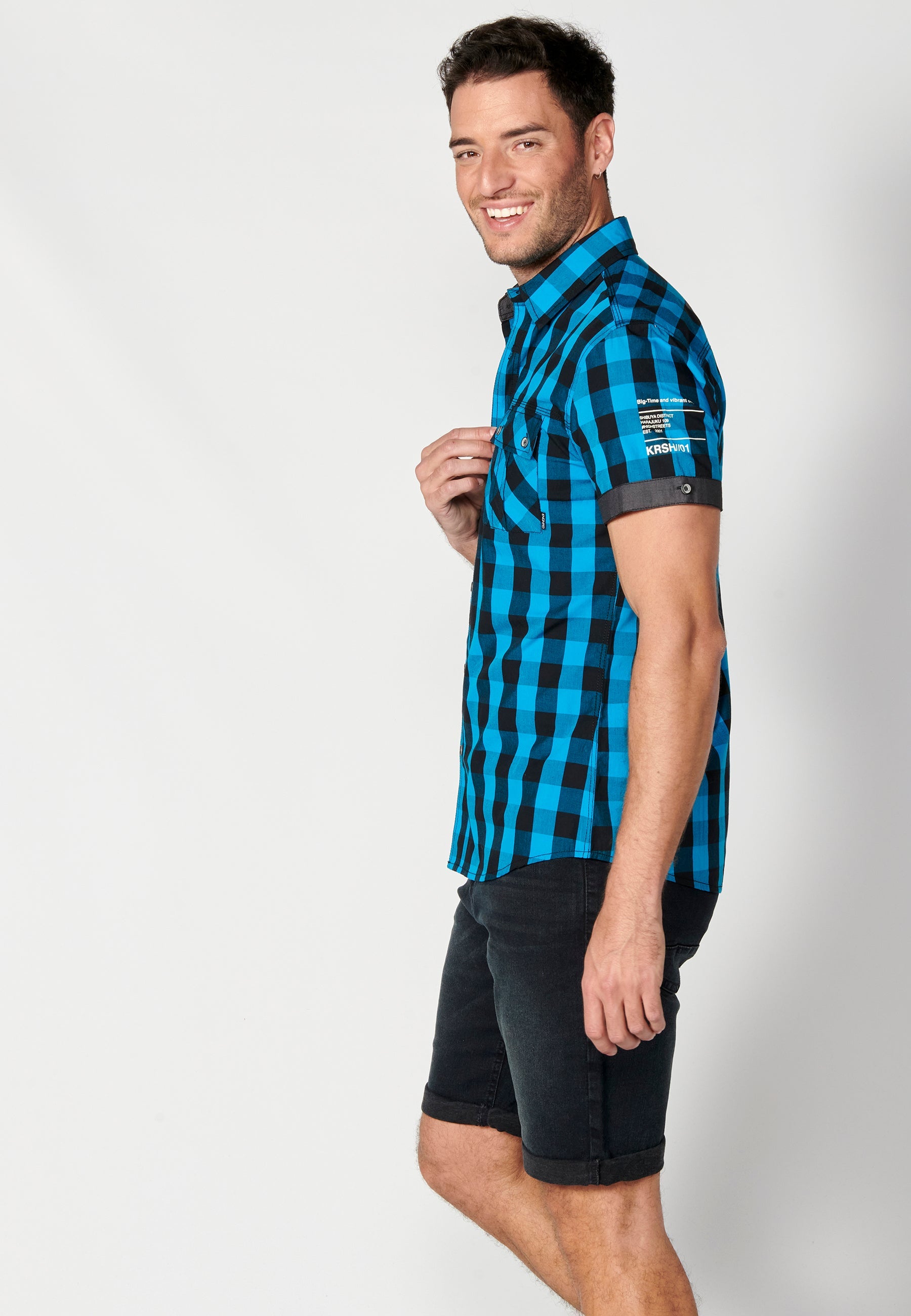 Camisa Hombre Manga Corta Cuadros Algodón Bolsillos Solapa – Koroshi 2311CC56