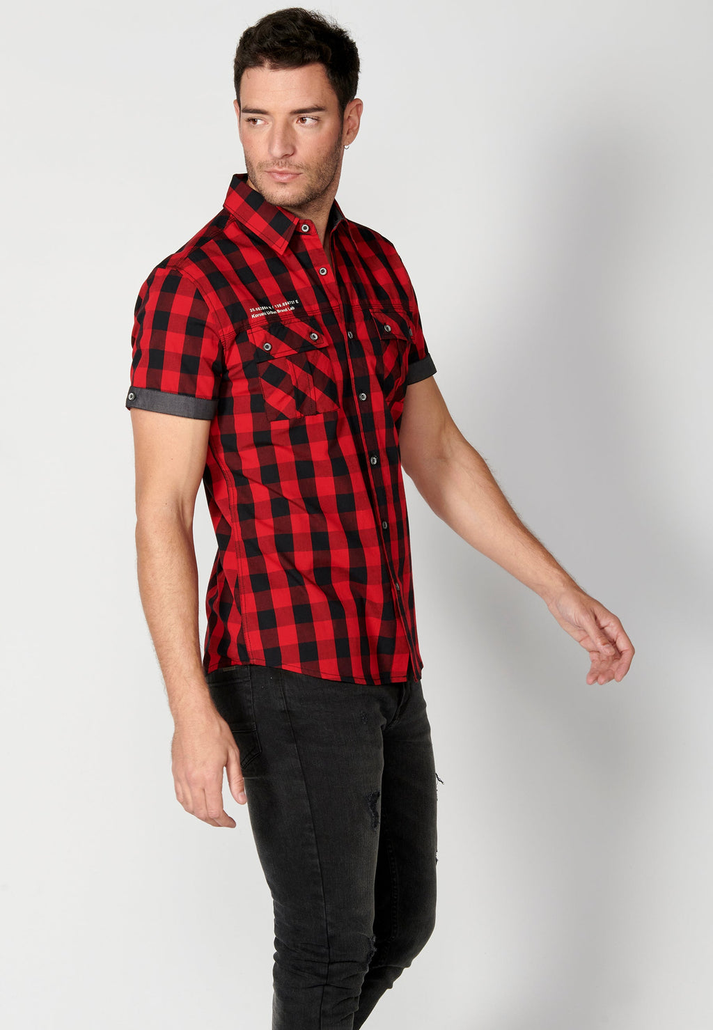 Camisa Hombre Manga Corta Cuadros Algodón Bolsillos Solapa – Koroshi 2311CC56
