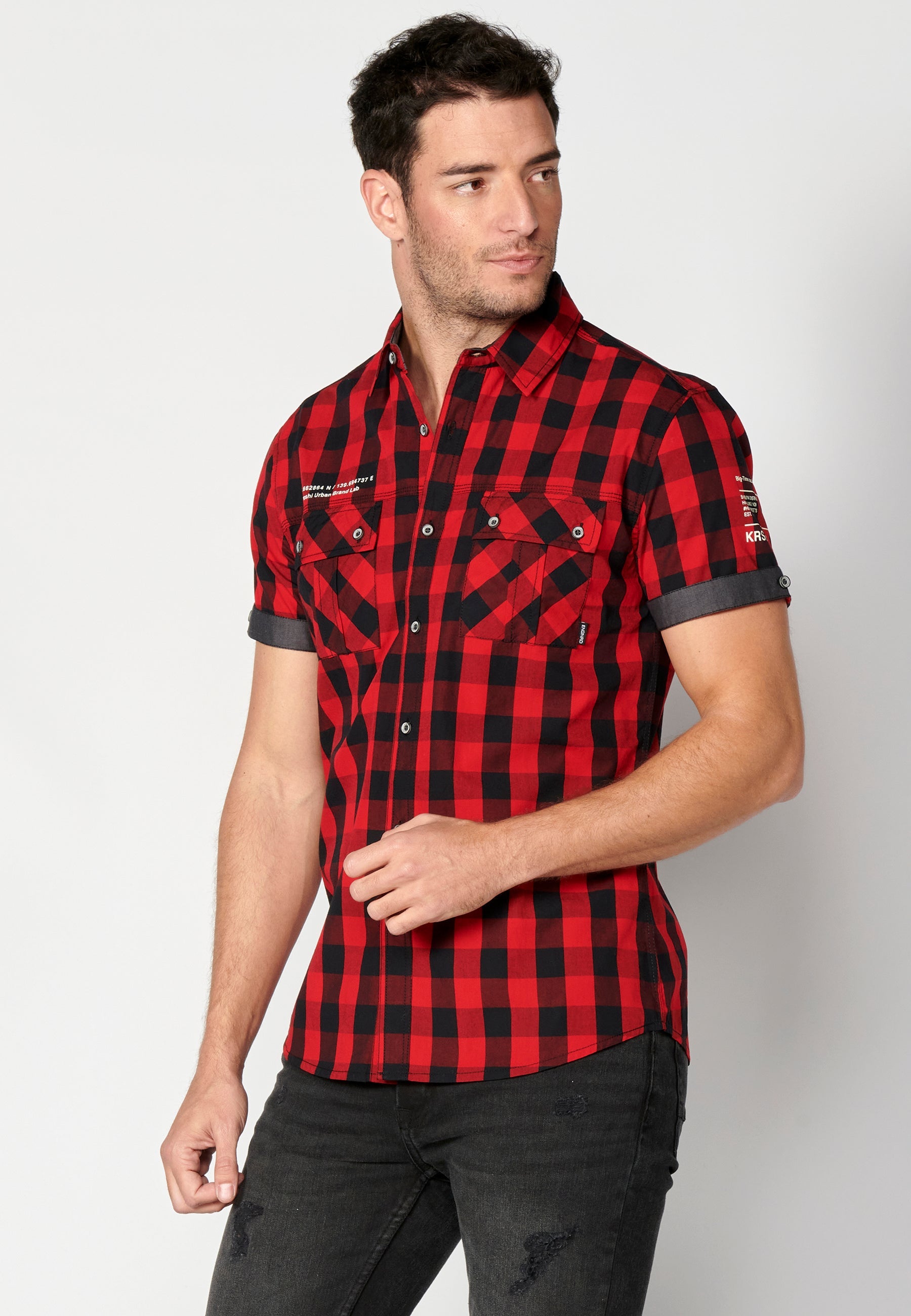 Camisa Hombre Manga Corta Cuadros Algodón Bolsillos Solapa – Koroshi 2311CC56