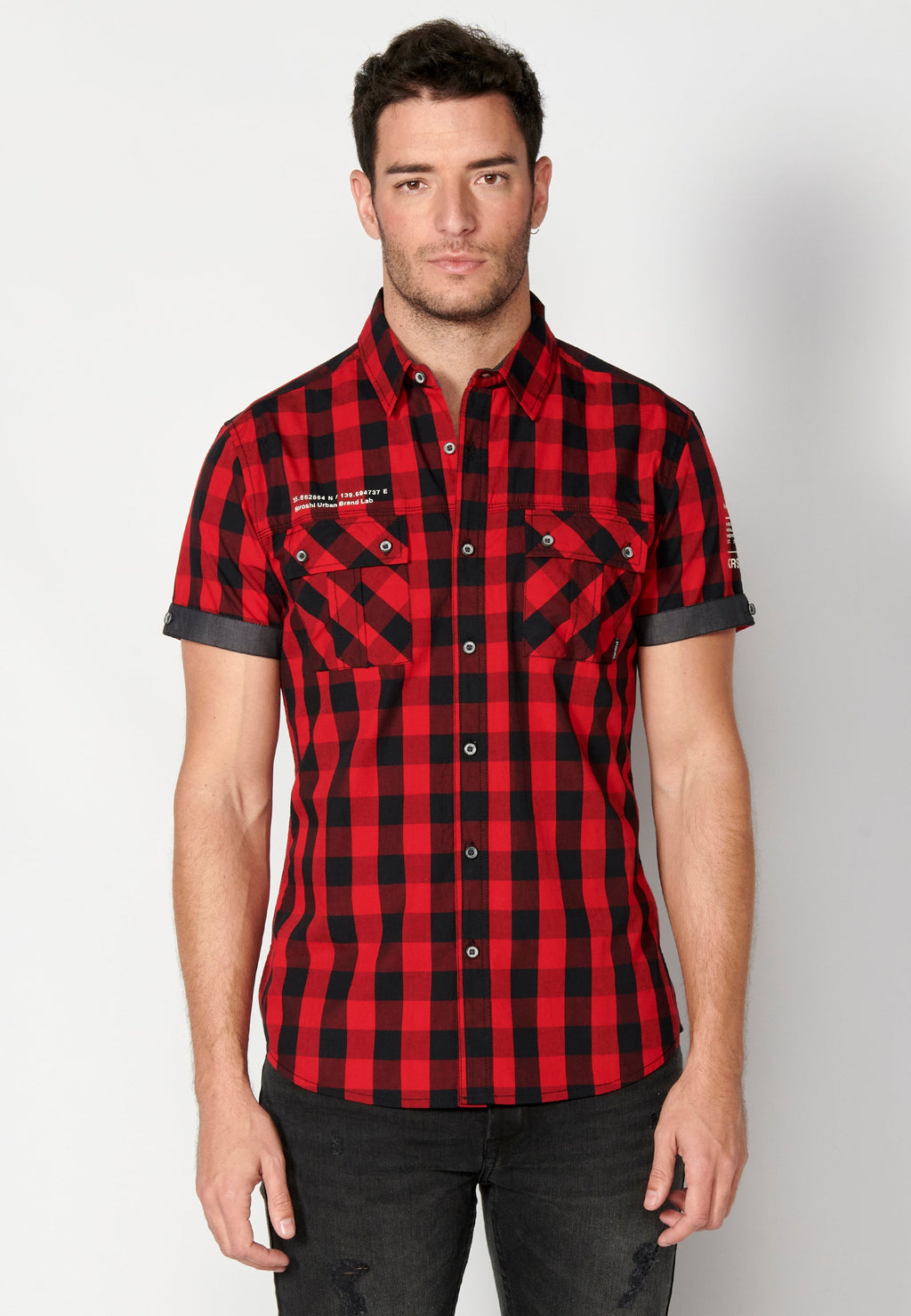 Camisa Hombre Manga Corta Cuadros Algodón Bolsillos Solapa – Koroshi 2311CC56