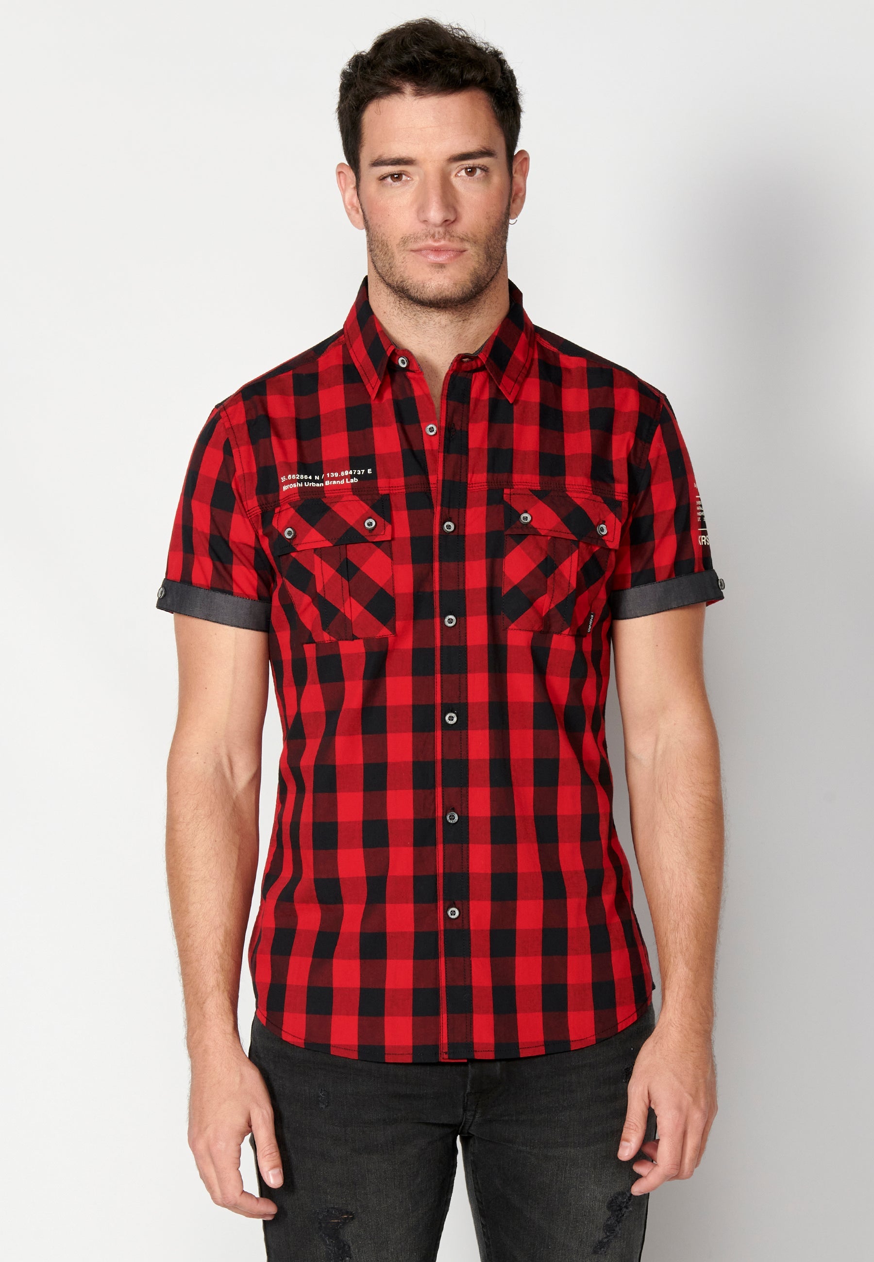Camisa Hombre Manga Corta Cuadros Algodón Bolsillos Solapa – Koroshi 2311CC56