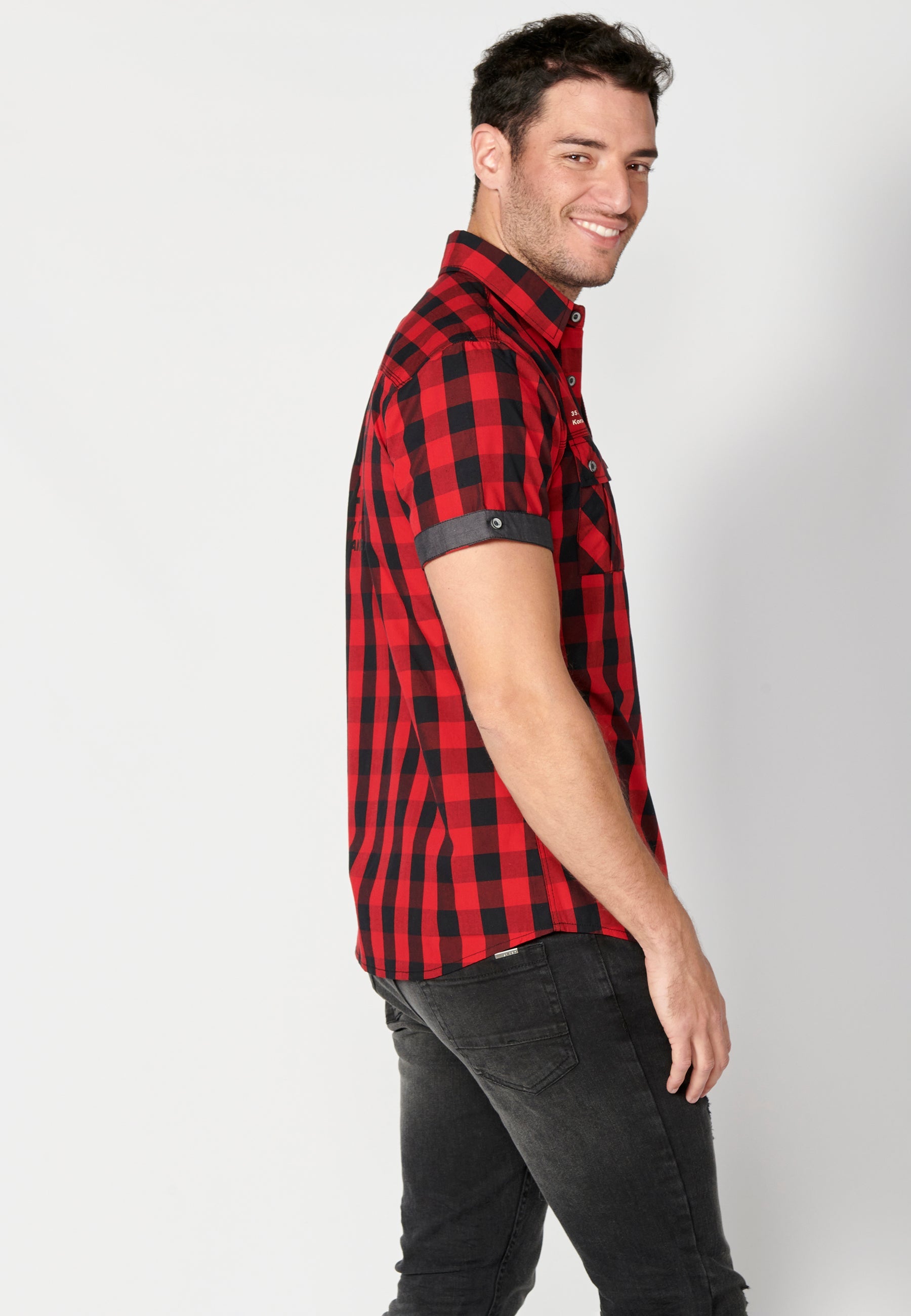 Camisa Hombre Manga Corta Cuadros Algodón Bolsillos Solapa – Koroshi 2311CC56