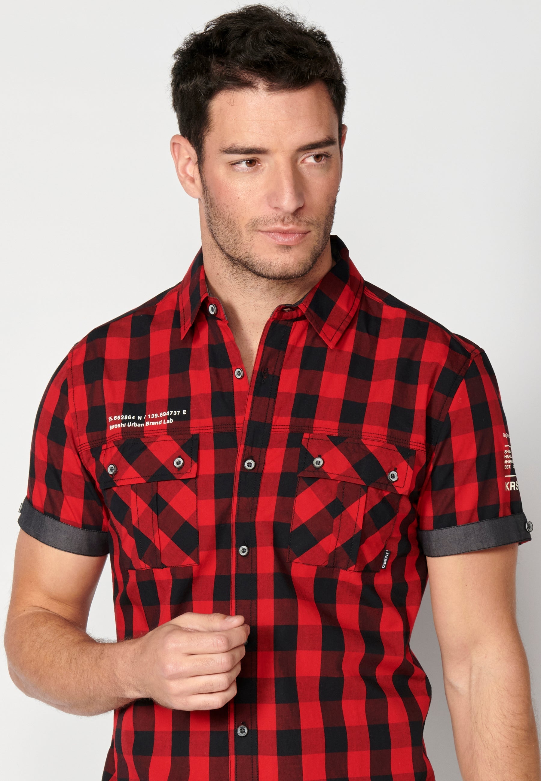 Camisa Hombre Manga Corta Cuadros Algodón Bolsillos Solapa – Koroshi 2311CC56