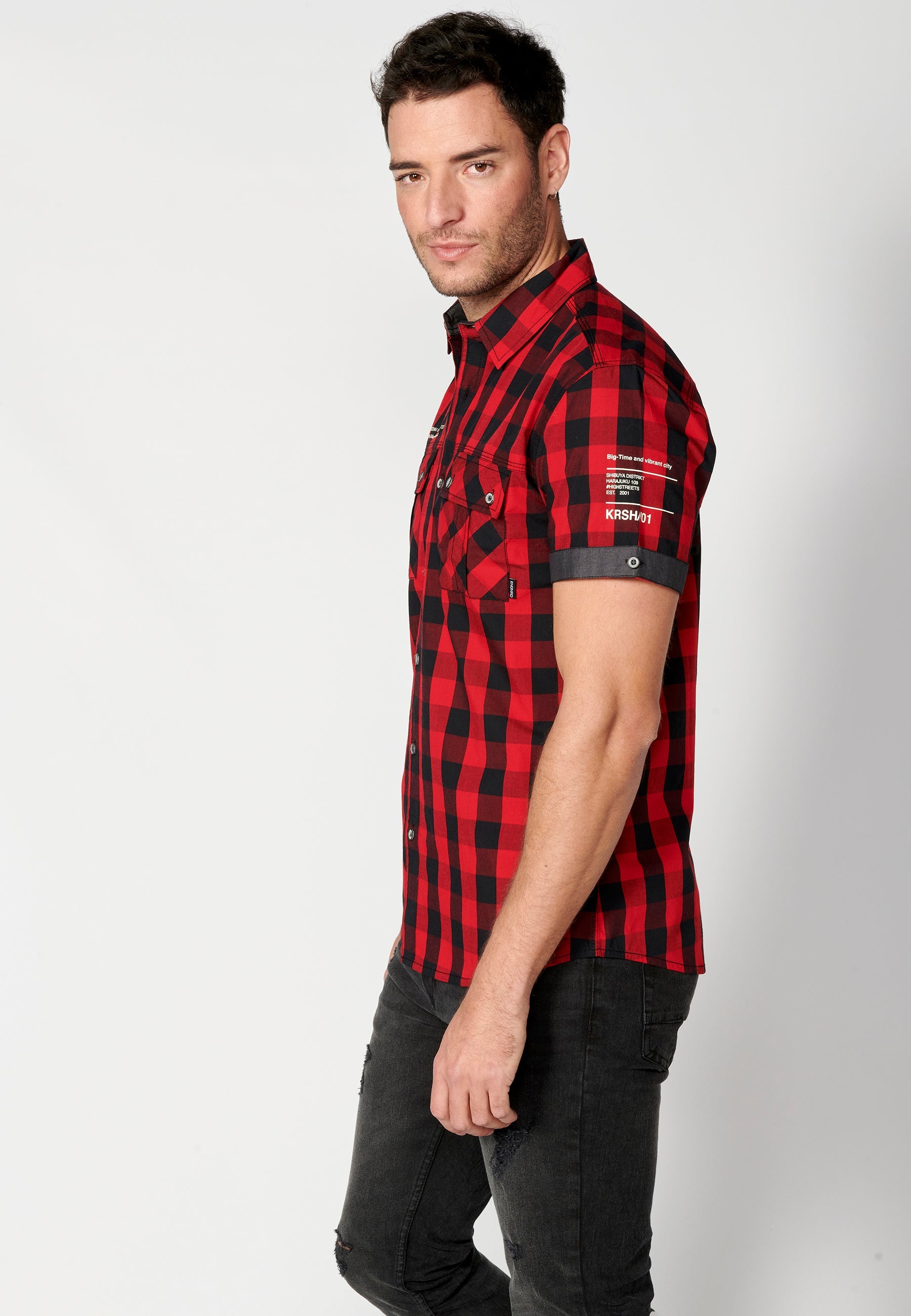 Camisa Hombre Manga Corta Cuadros Algodón Bolsillos Solapa – Koroshi 2311CC56