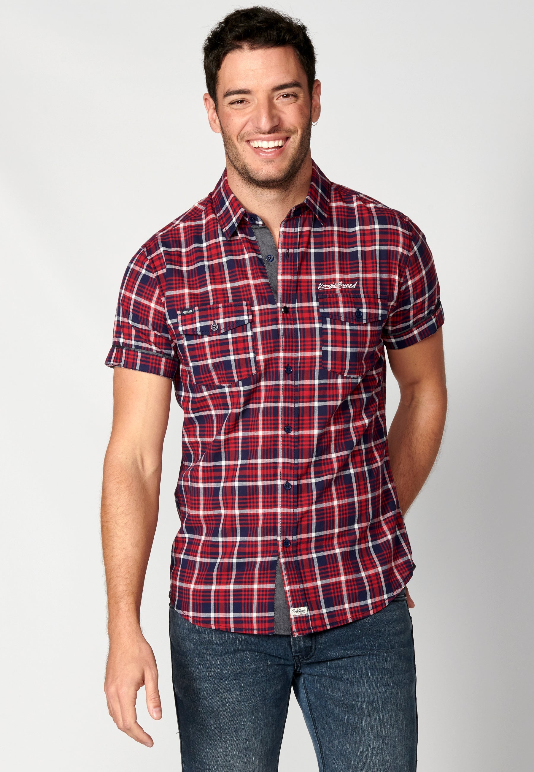 Camisa Hombre Manga Corta Cuadros Algodón Bolsillos Roja – Koroshi