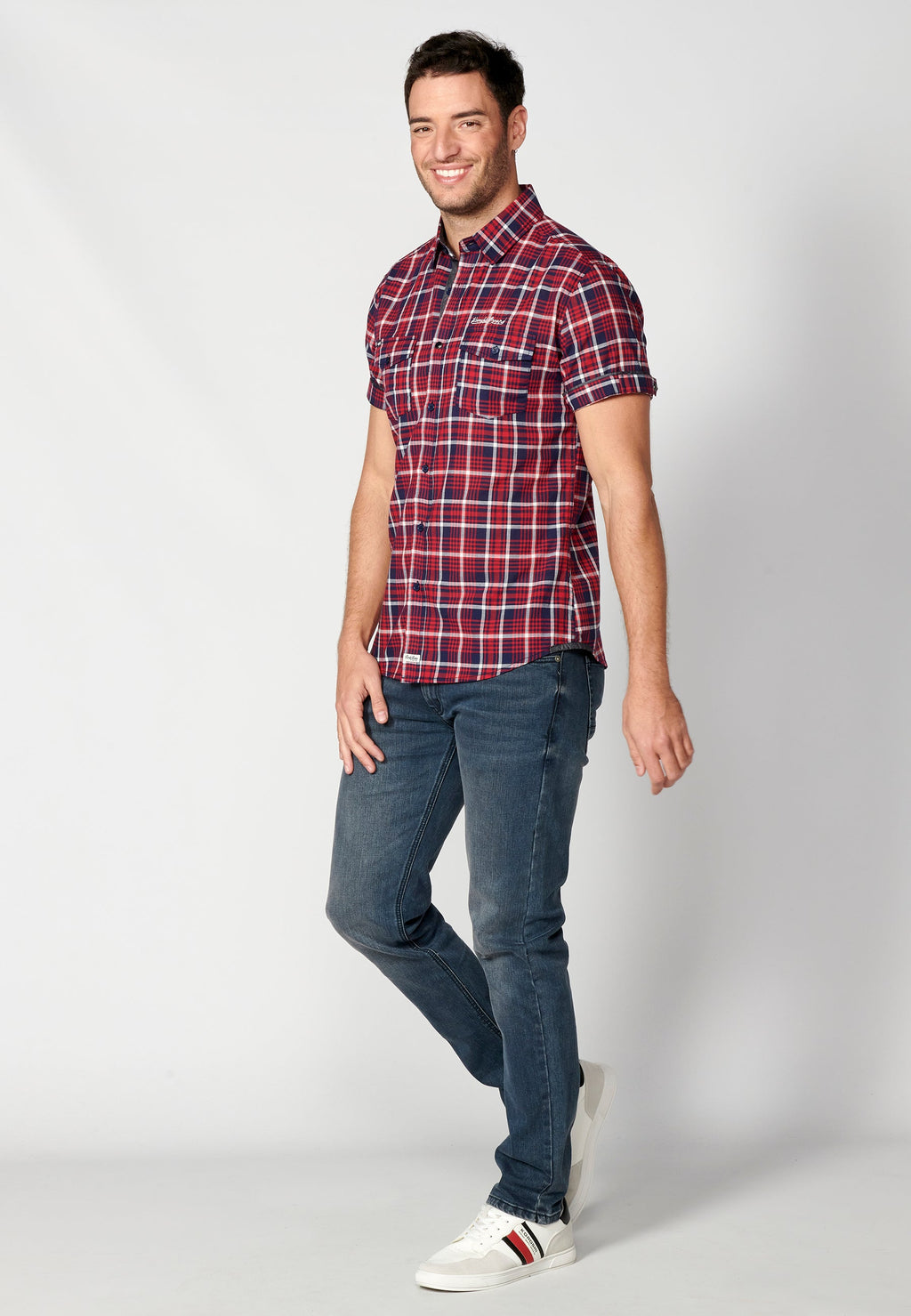 Camisa Hombre Manga Corta Cuadros Algodón Bolsillos Roja – Koroshi