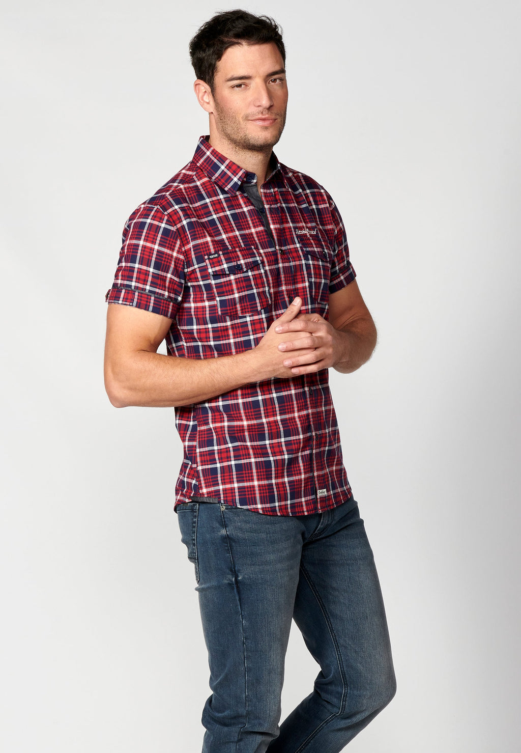 Camisa Hombre Manga Corta Cuadros Algodón Bolsillos Roja – Koroshi