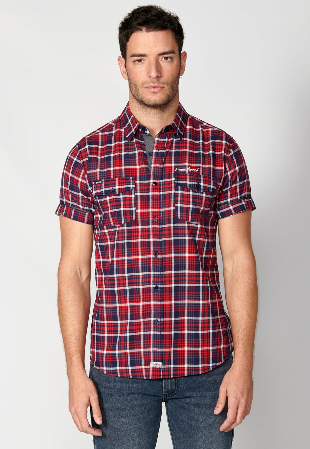 Camisa Hombre Manga Corta Cuadros Algodón Bolsillos Roja – Koroshi