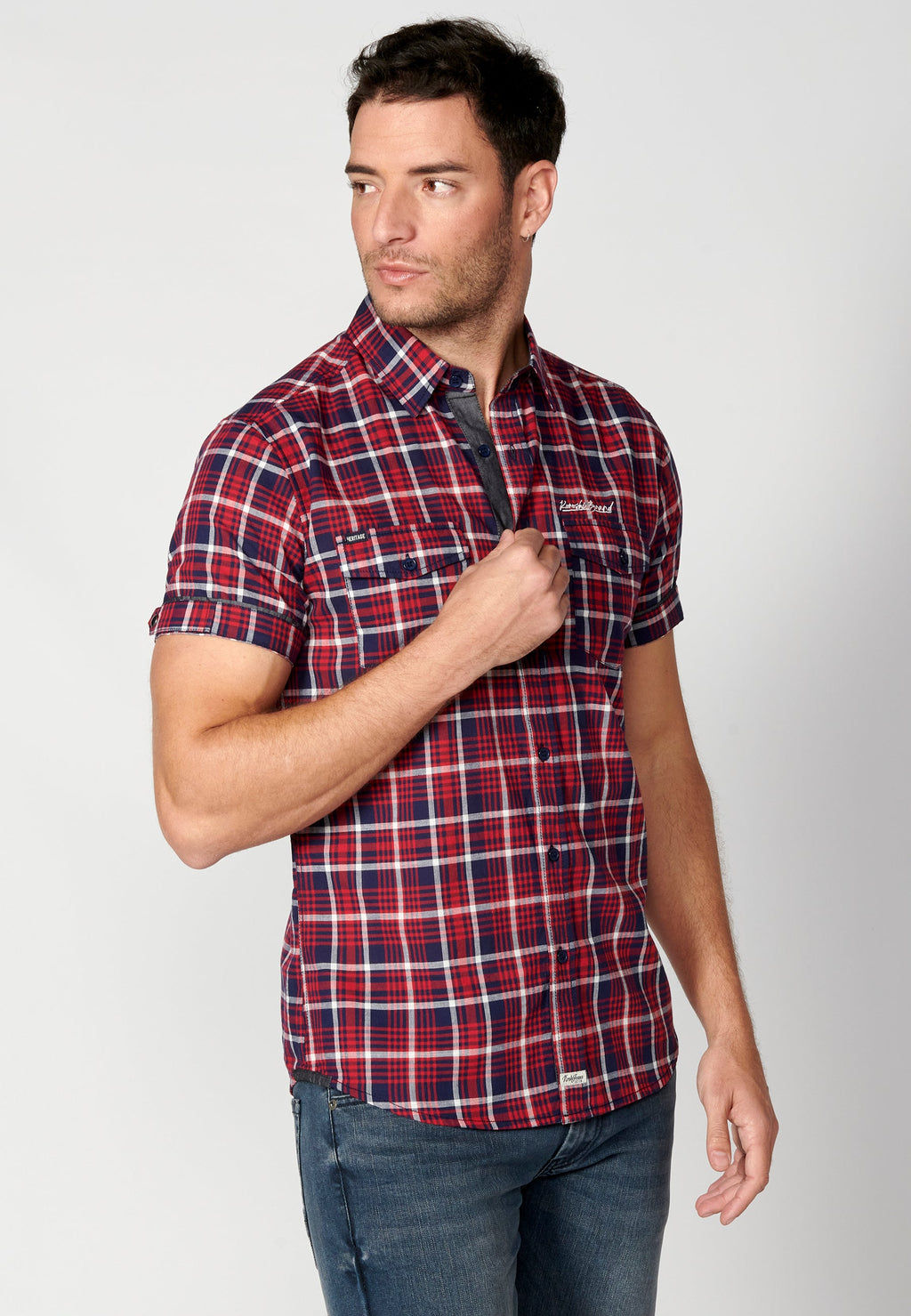 Camisa Hombre Manga Corta Cuadros Algodón Bolsillos Roja – Koroshi