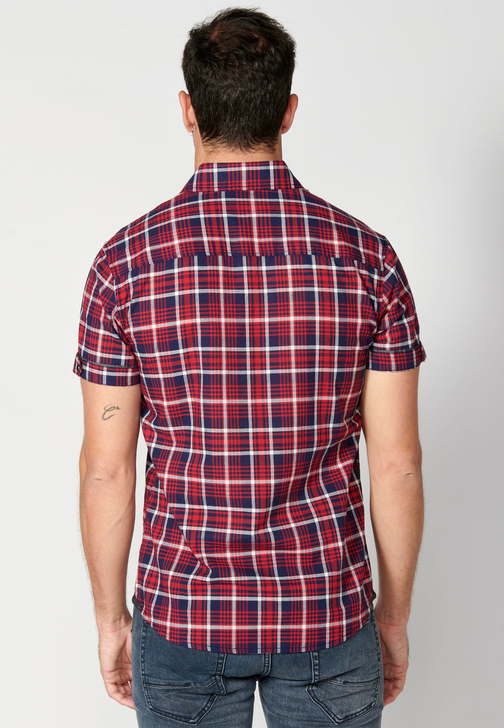 Camisa Hombre Manga Corta Cuadros Algodón Bolsillos Roja – Koroshi