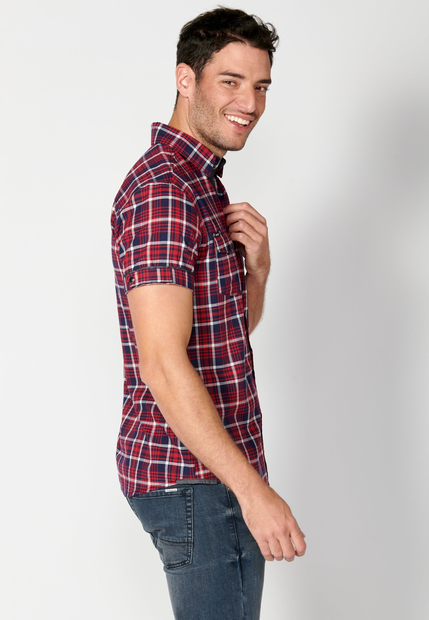 Camisa Hombre Manga Corta Cuadros Algodón Bolsillos Roja – Koroshi