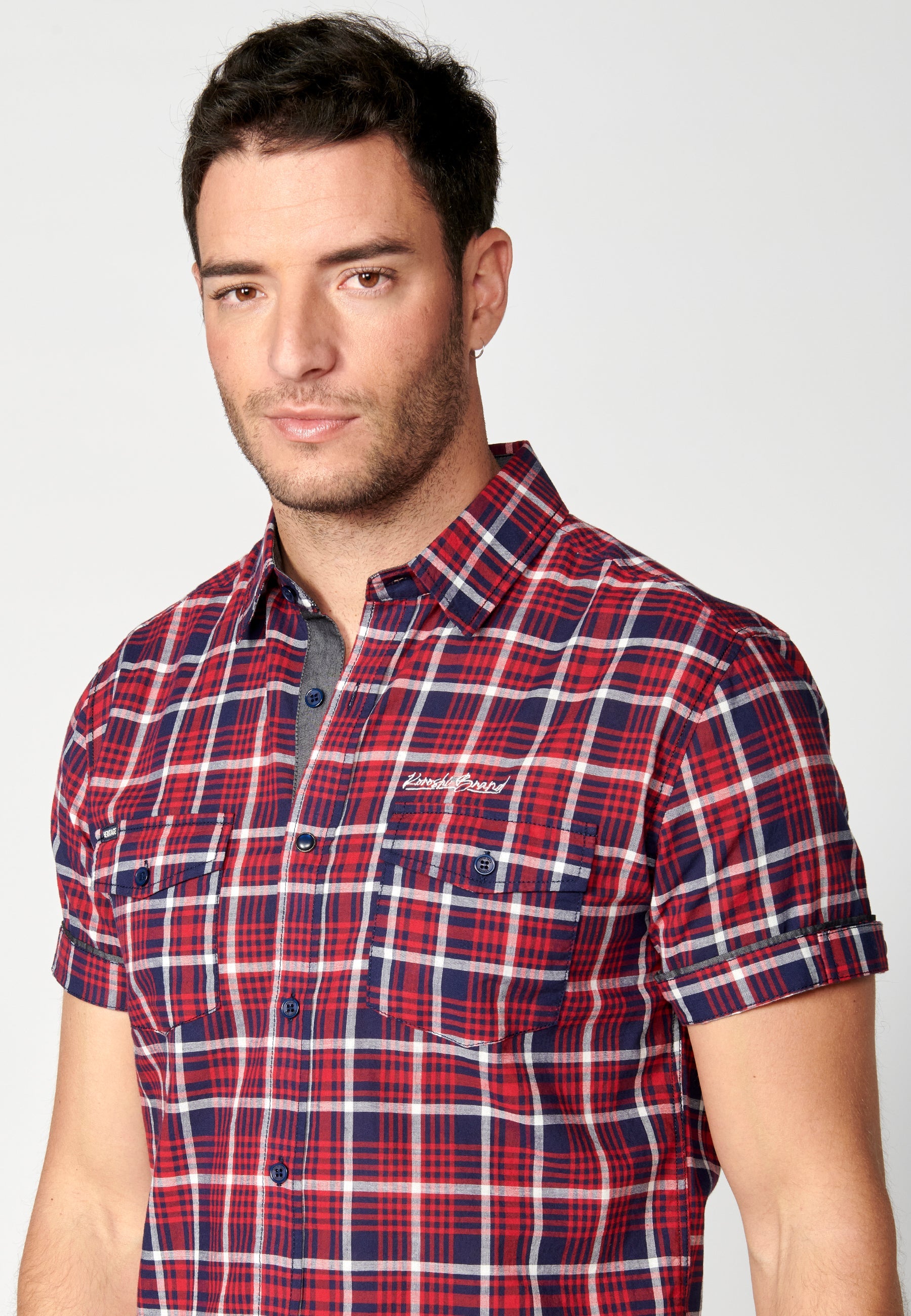 Camisa Hombre Manga Corta Cuadros Algodón Bolsillos Roja – Koroshi