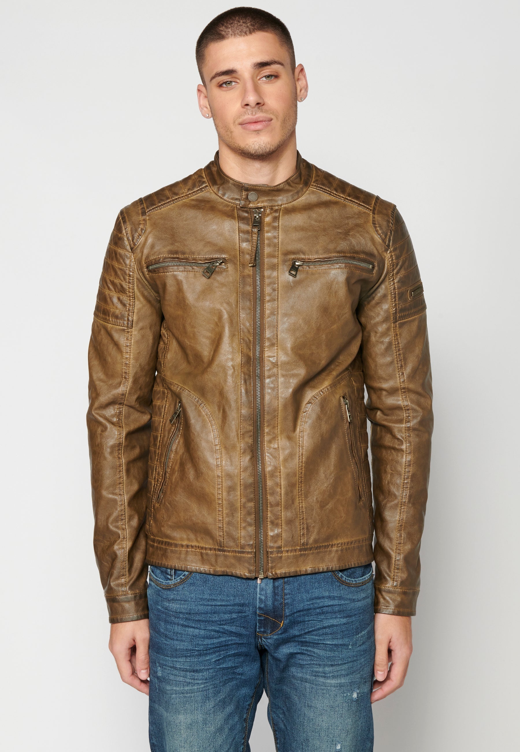 Chaqueta Cuero Sintético Cuello Mao Hombre – Koroshi 2311JA03