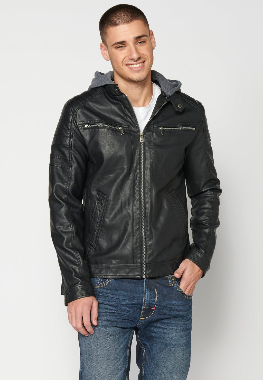 Chaqueta Cuero Sintético con Capucha Hombre – Koroshi 2311JA05