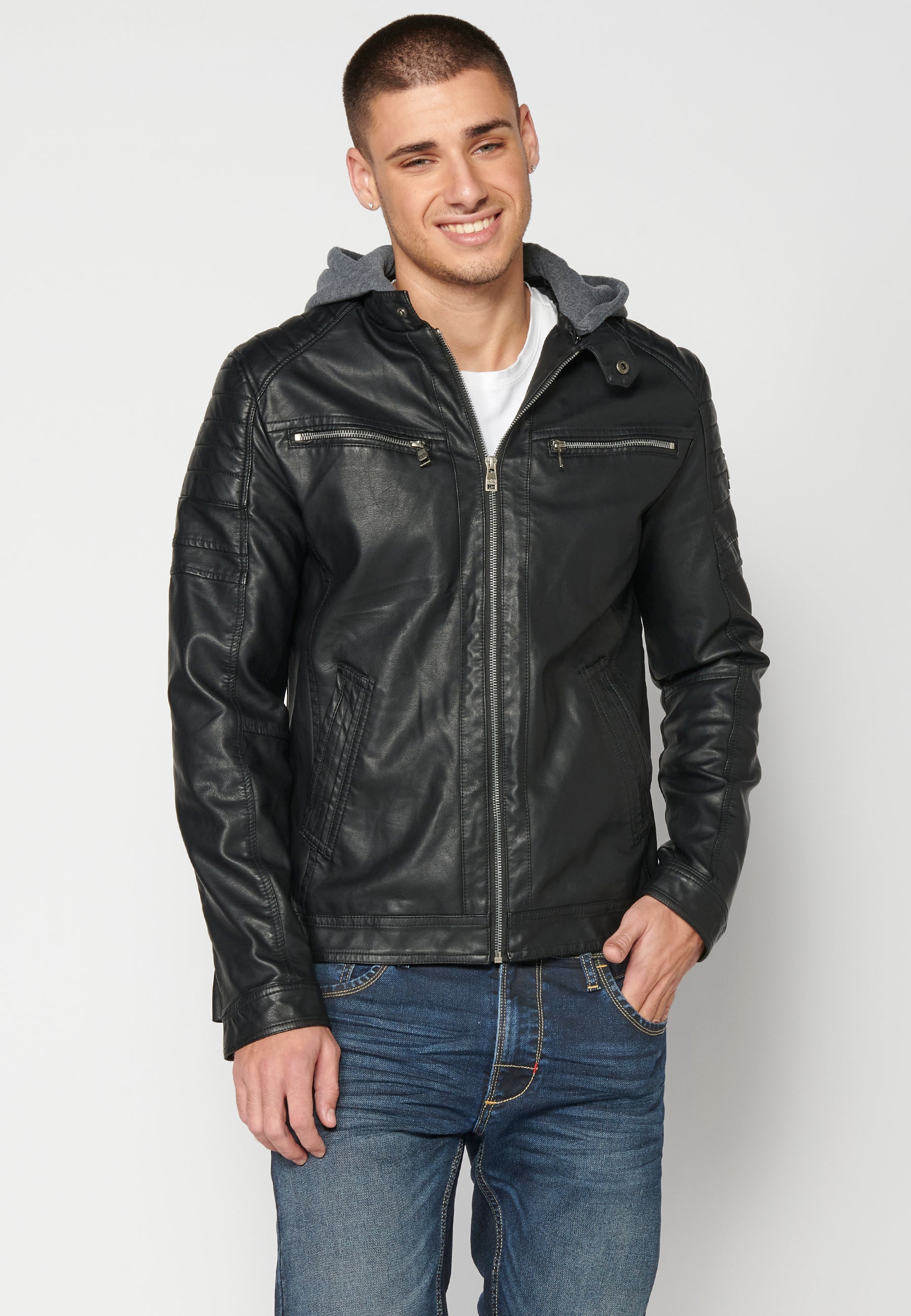 Chaqueta Cuero Sintético con Capucha Hombre – Koroshi 2311JA05