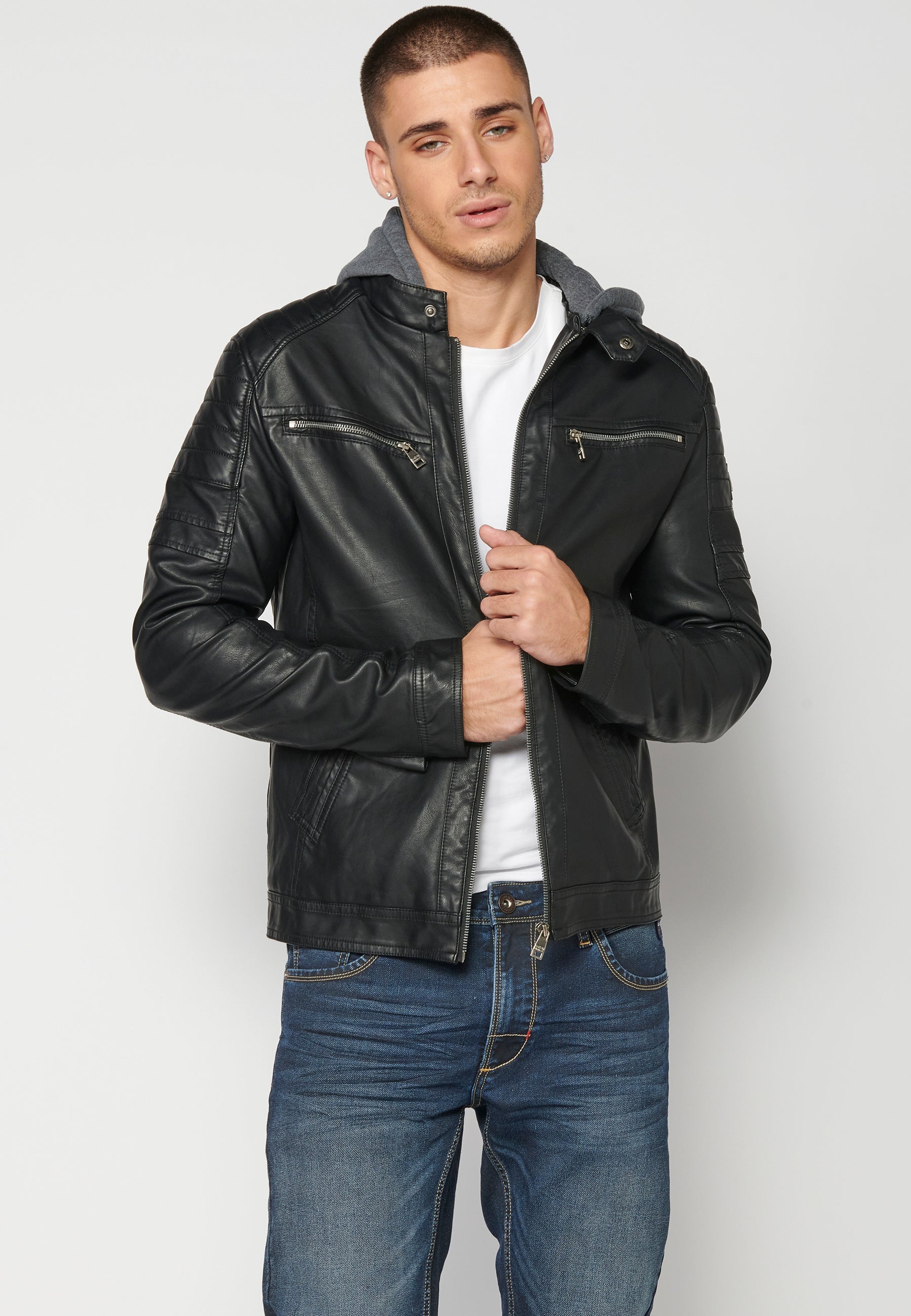 Chaqueta Cuero Sintético con Capucha Hombre – Koroshi 2311JA05