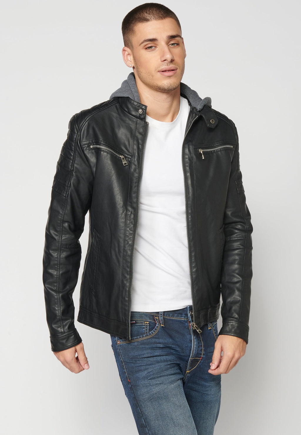Chaqueta Cuero Sintético con Capucha Hombre – Koroshi 2311JA05