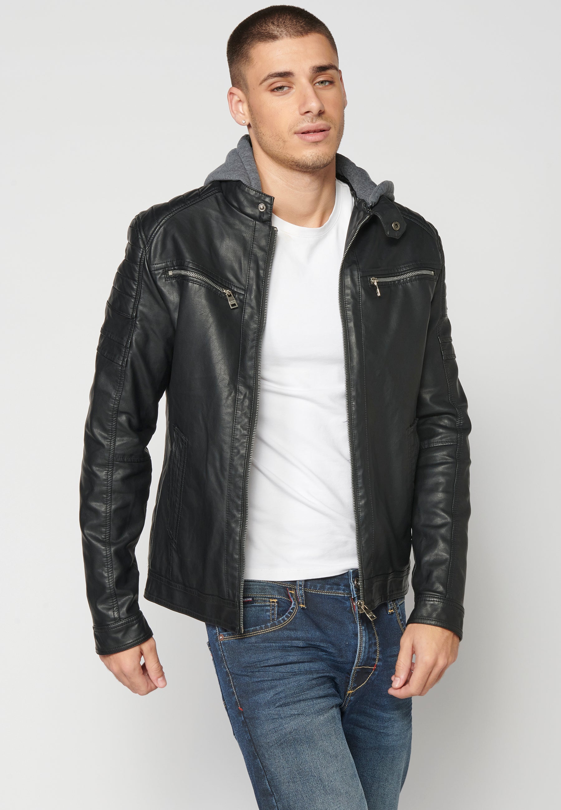 Chaqueta Cuero Sintético con Capucha Hombre – Koroshi 2311JA05