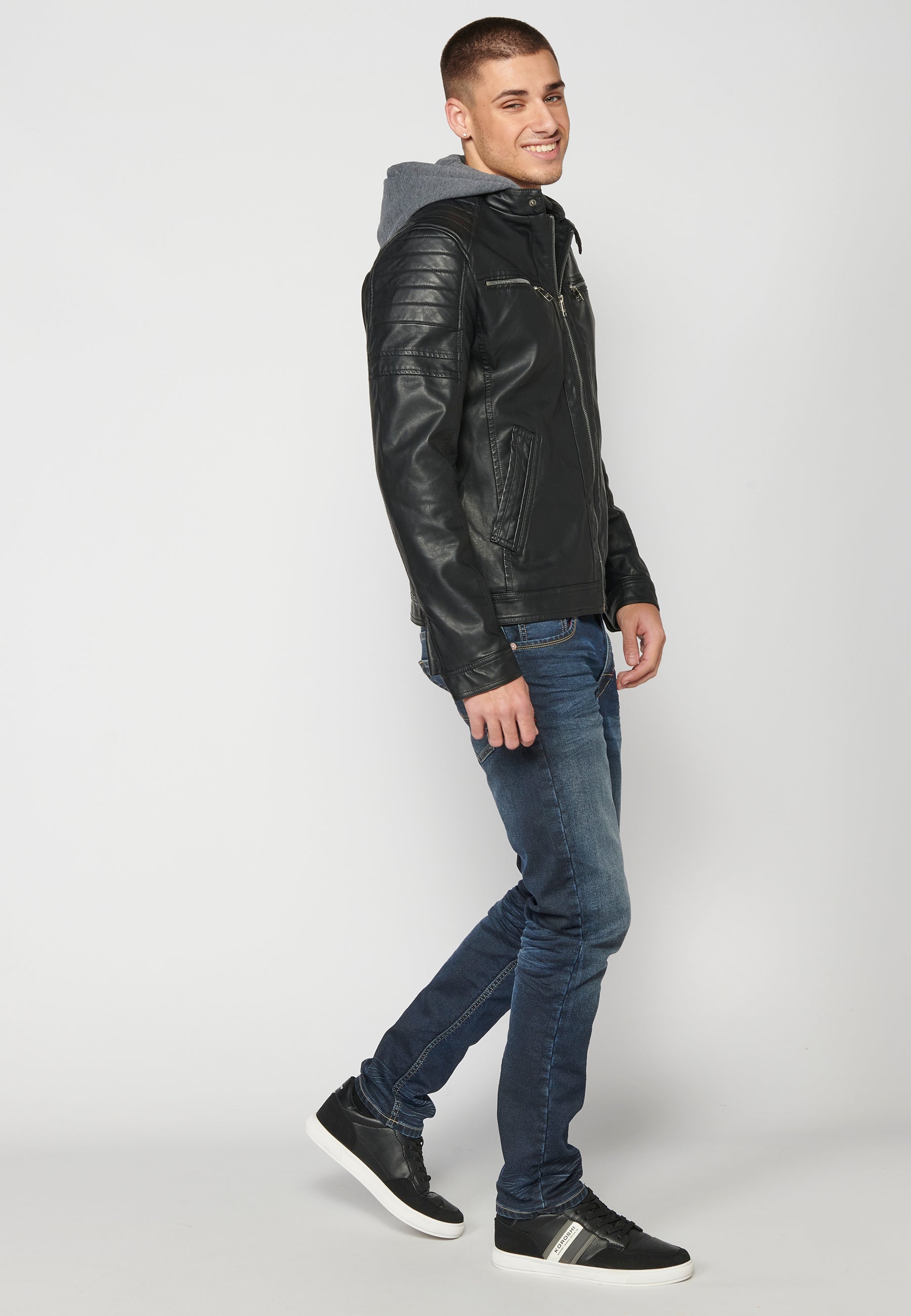 Chaqueta Cuero Sintético con Capucha Hombre – Koroshi 2311JA05
