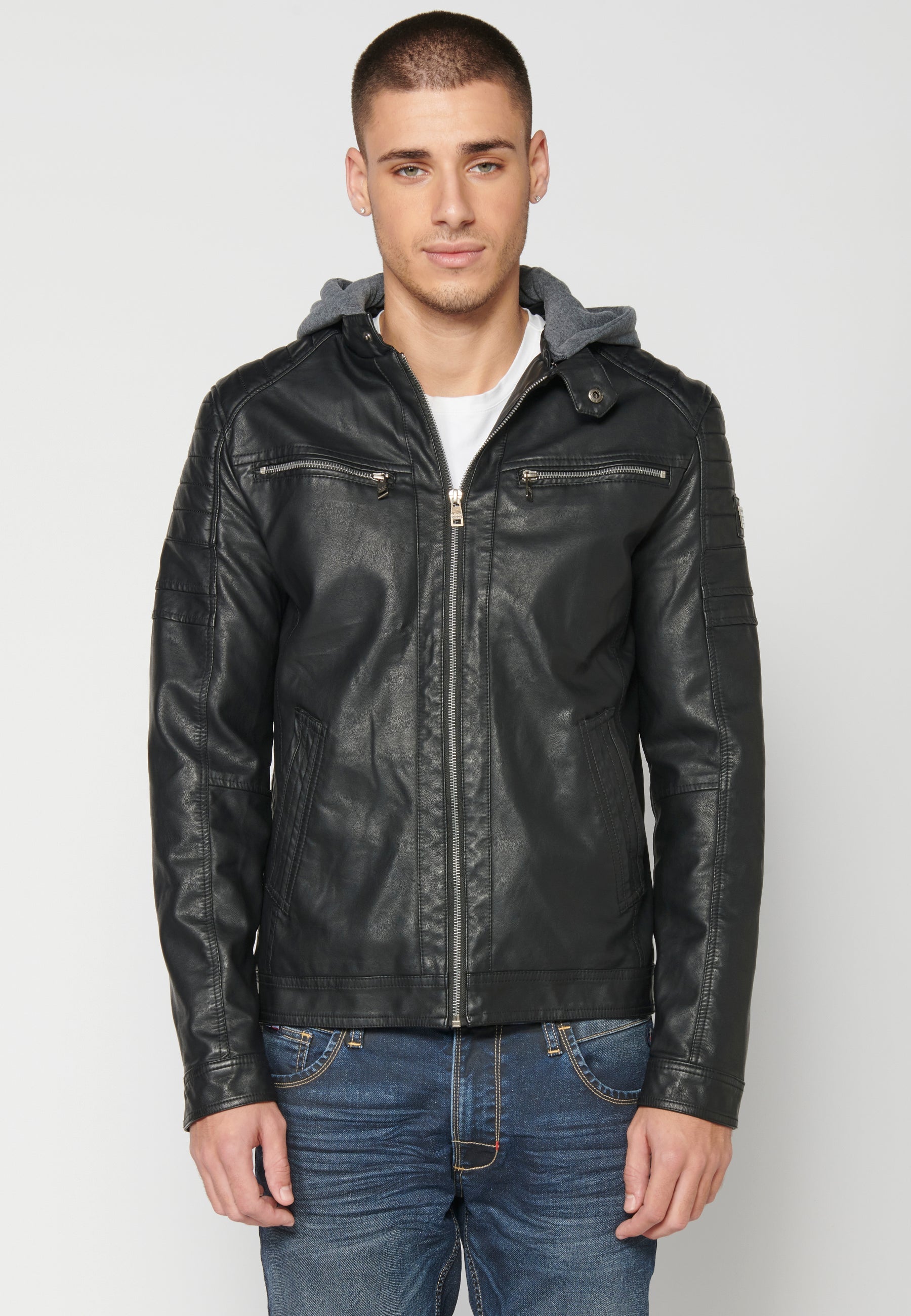 Chaqueta Cuero Sintético con Capucha Hombre – Koroshi 2311JA05