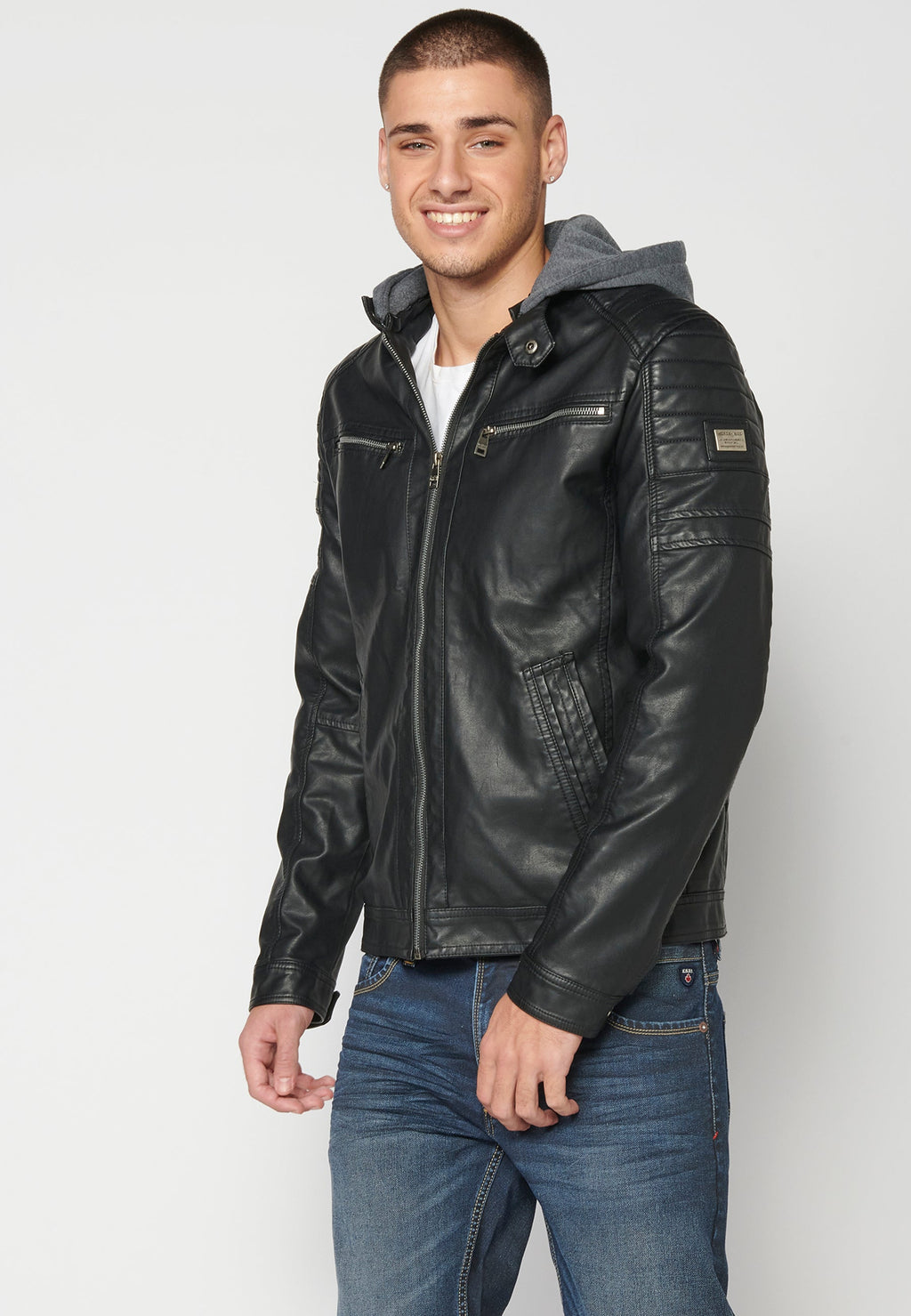 Chaqueta Cuero Sintético con Capucha Hombre – Koroshi 2311JA05