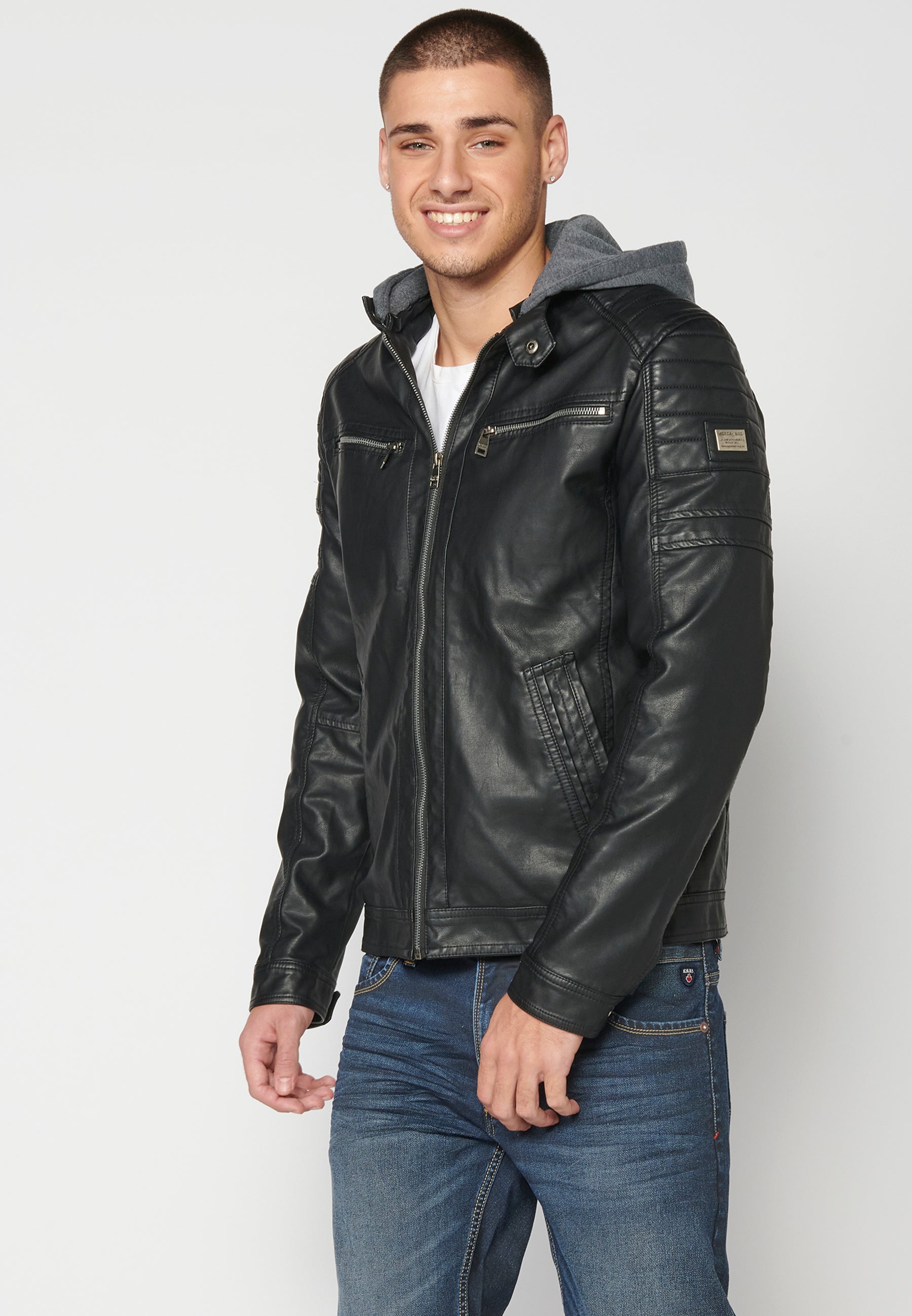 Chaqueta Cuero Sintético con Capucha Hombre – Koroshi 2311JA05