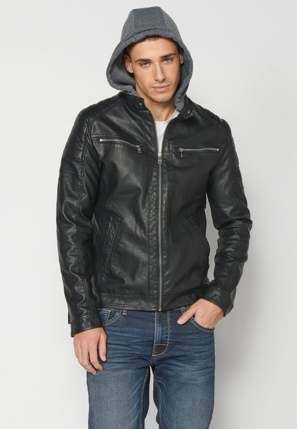 Chaqueta Cuero Sintético con Capucha Hombre – Koroshi 2311JA05