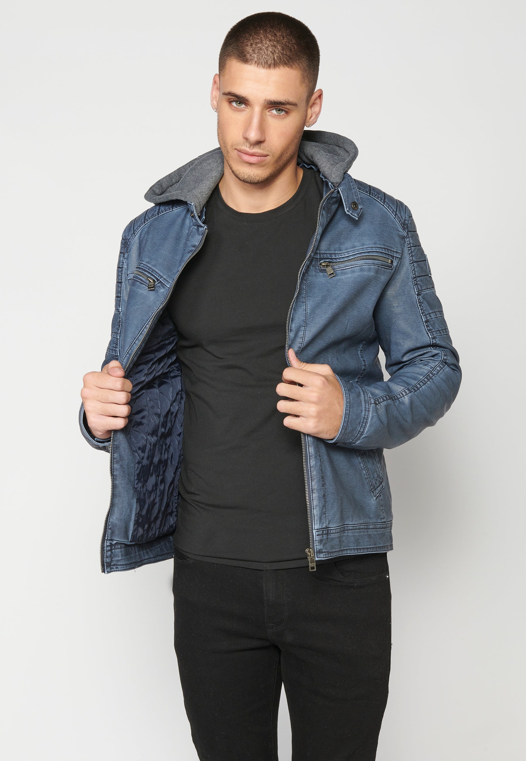 Chaqueta Cuero Sintético con Capucha Hombre – Koroshi 2311JA05