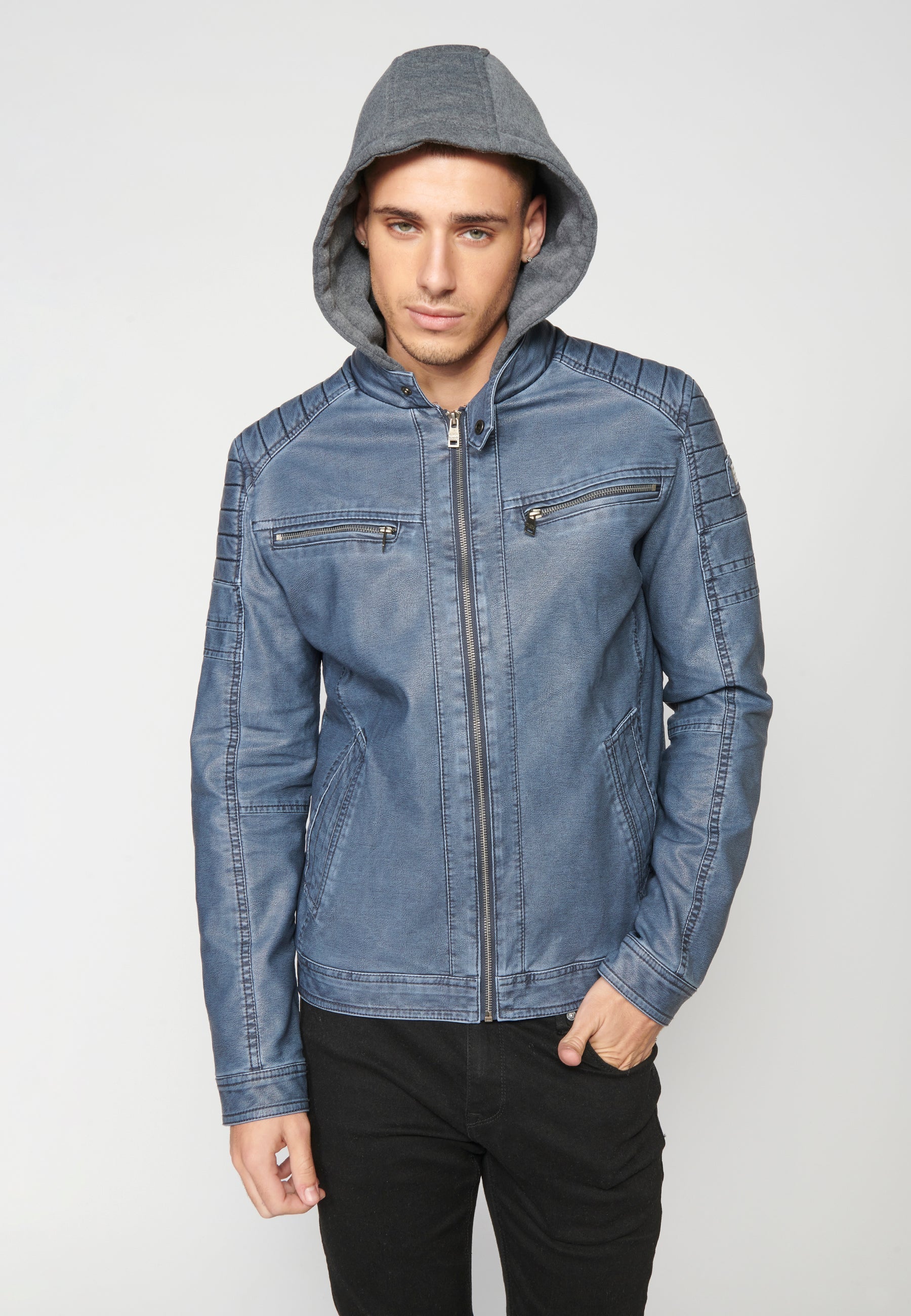 Chaqueta Cuero Sintético con Capucha Hombre – Koroshi 2311JA05