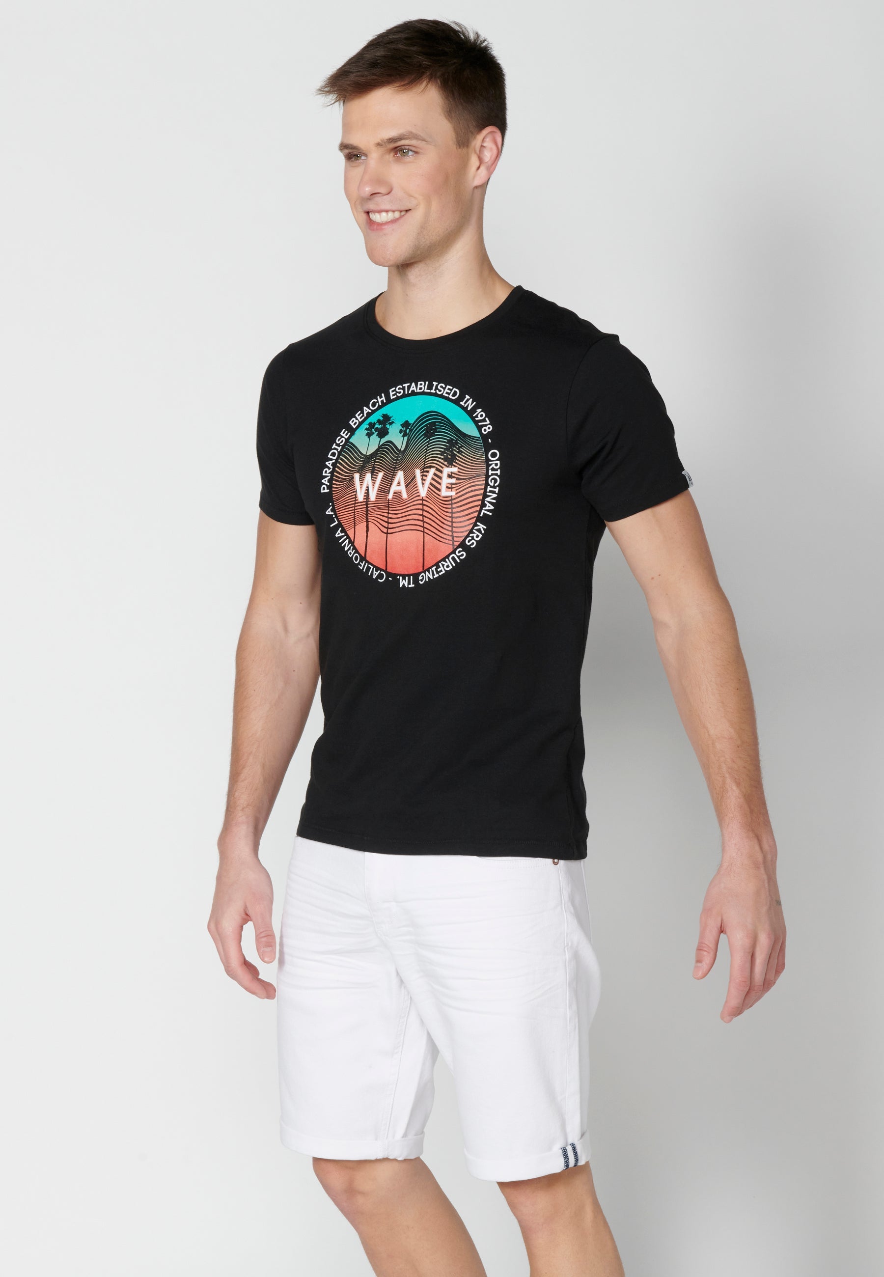 Camiseta Hombre Manga Corta Cuello Redondo Estampada – Koroshi Negro
