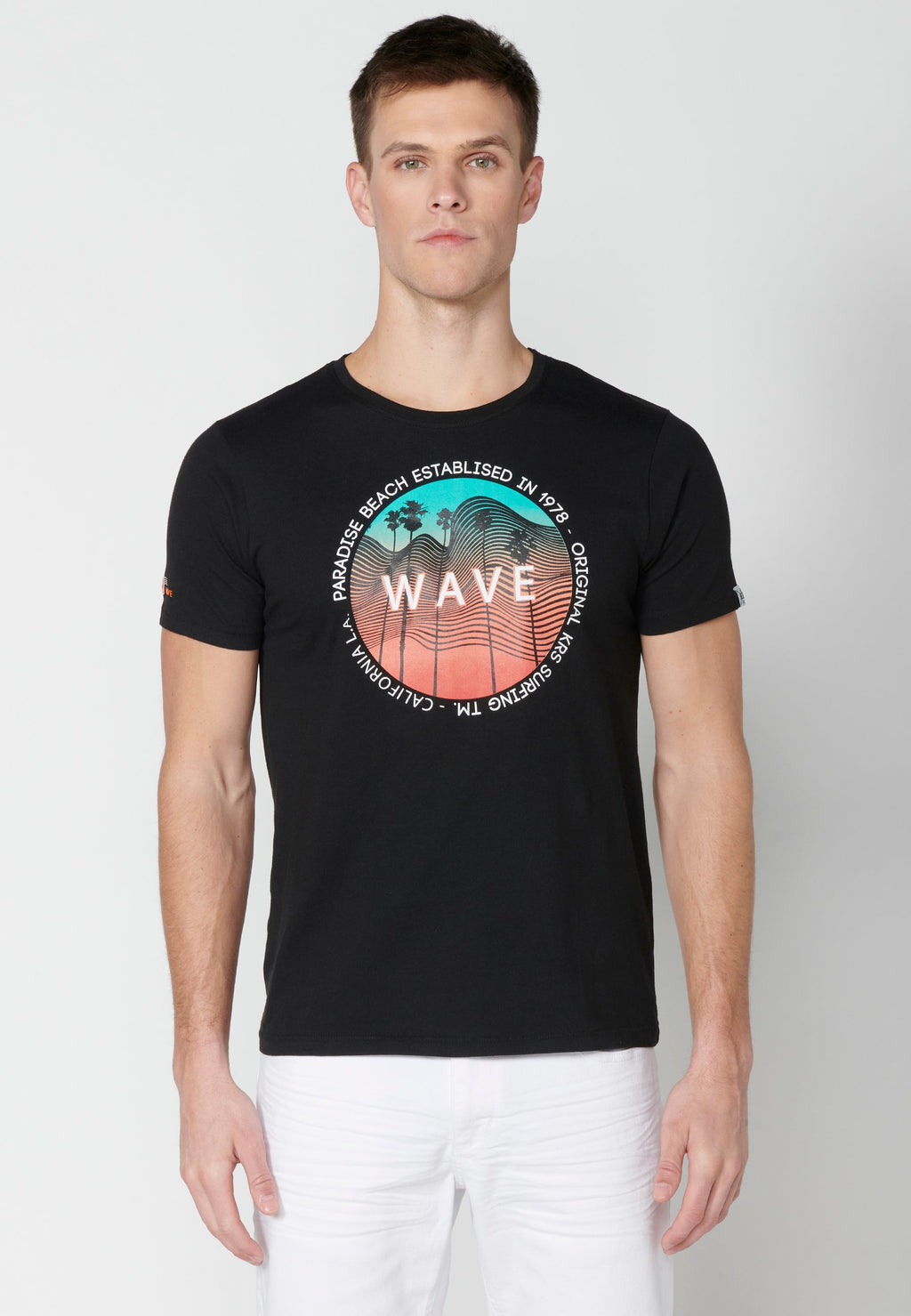Camiseta Hombre Manga Corta Cuello Redondo Estampada – Koroshi Negro