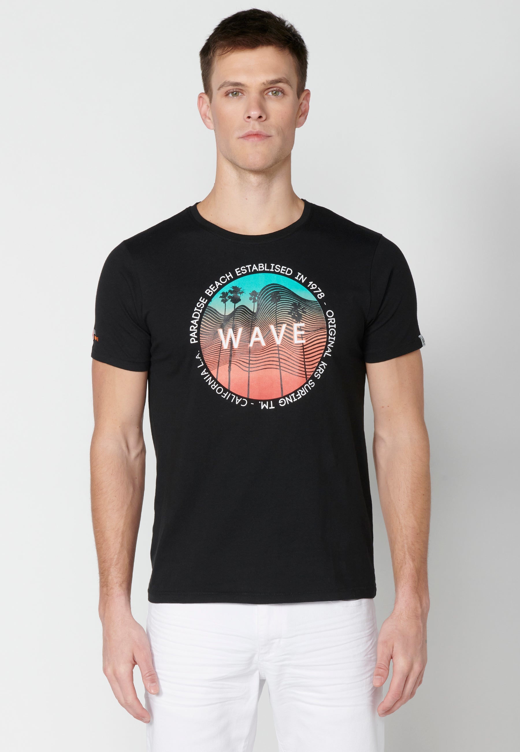 Camiseta Hombre Manga Corta Cuello Redondo Estampada – Koroshi Negro