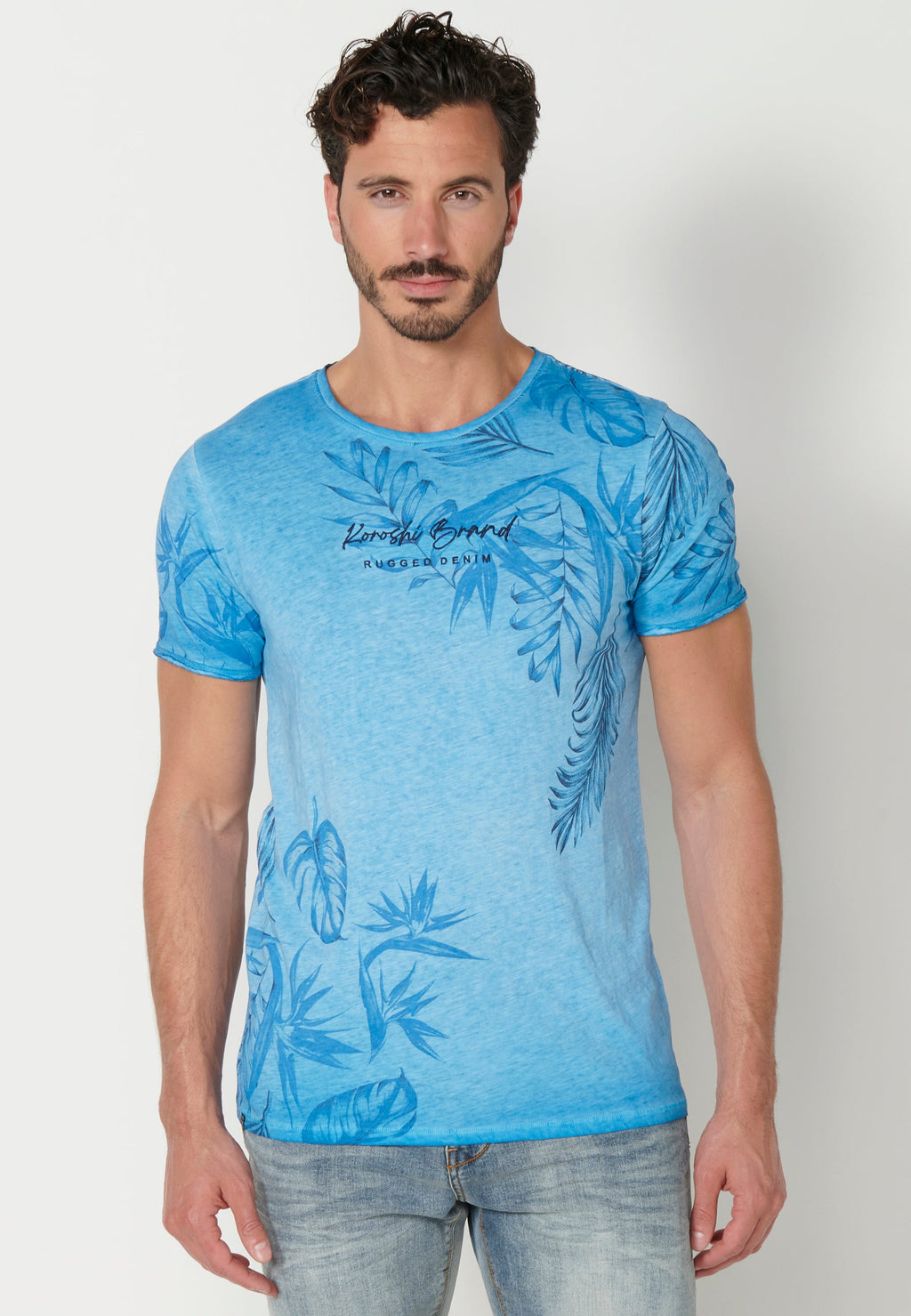 Camiseta Hombre Manga Corta Cuello Redondo Tropical – Koroshi Azul