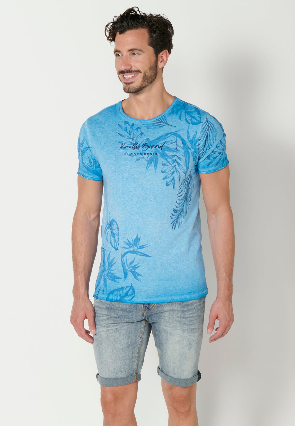 Camiseta Hombre Manga Corta Cuello Redondo Tropical – Koroshi Azul