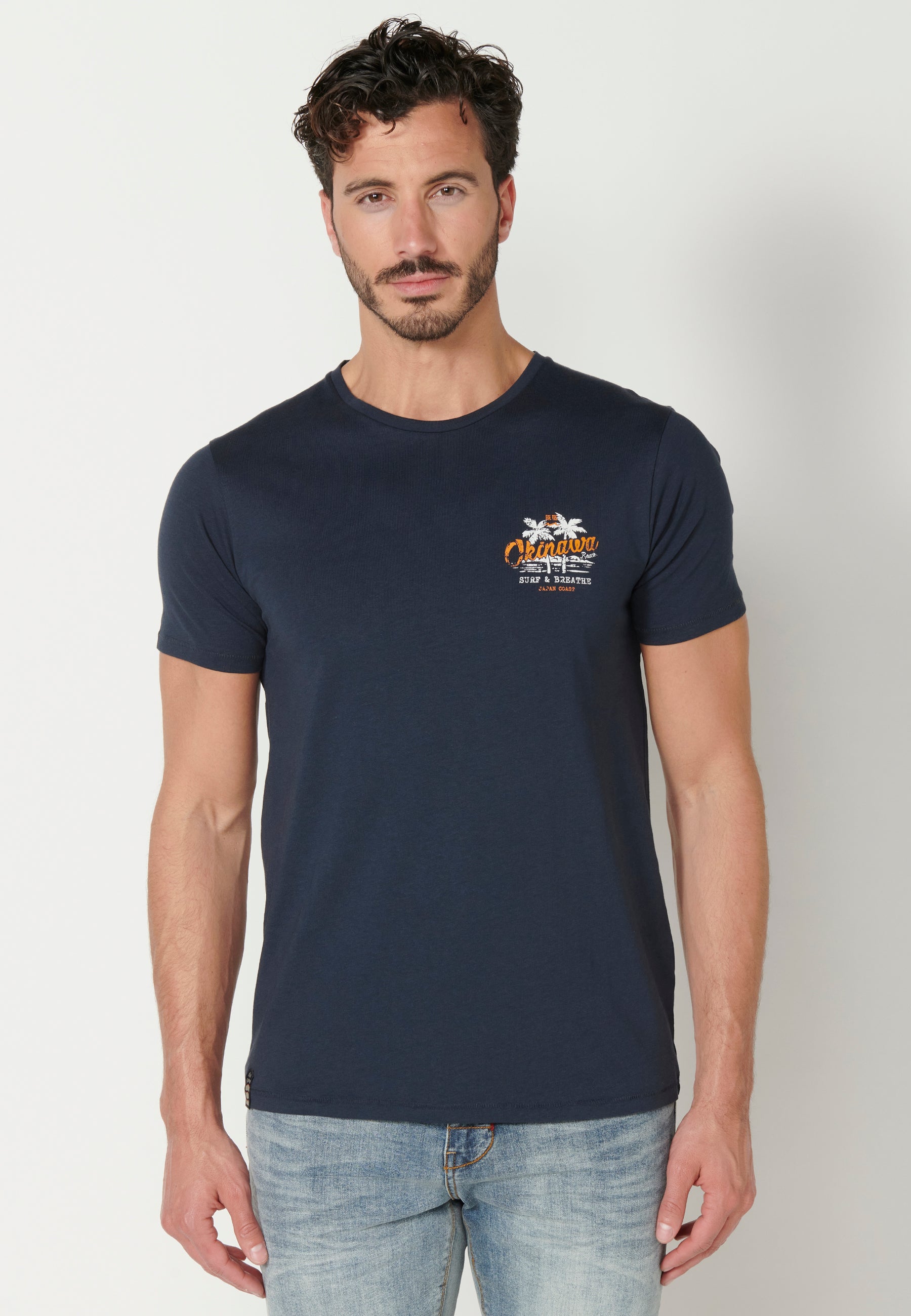 Camiseta Hombre Manga Corta Cuello Redondo Estampada Espalda – Koroshi Navy