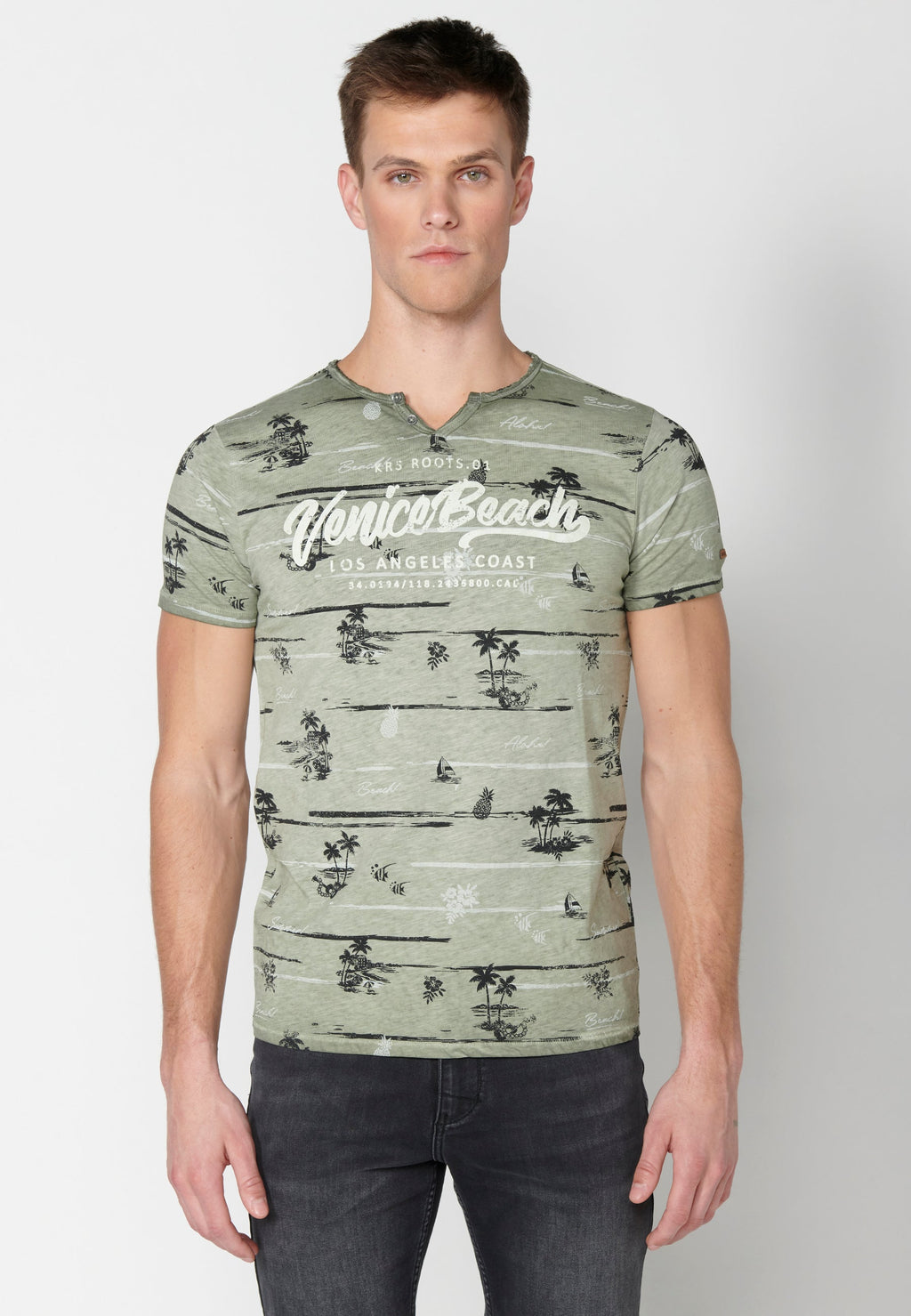 Camiseta Hombre Manga Corta Cuello Redondo Estampado Tropical – Koroshi Kaki